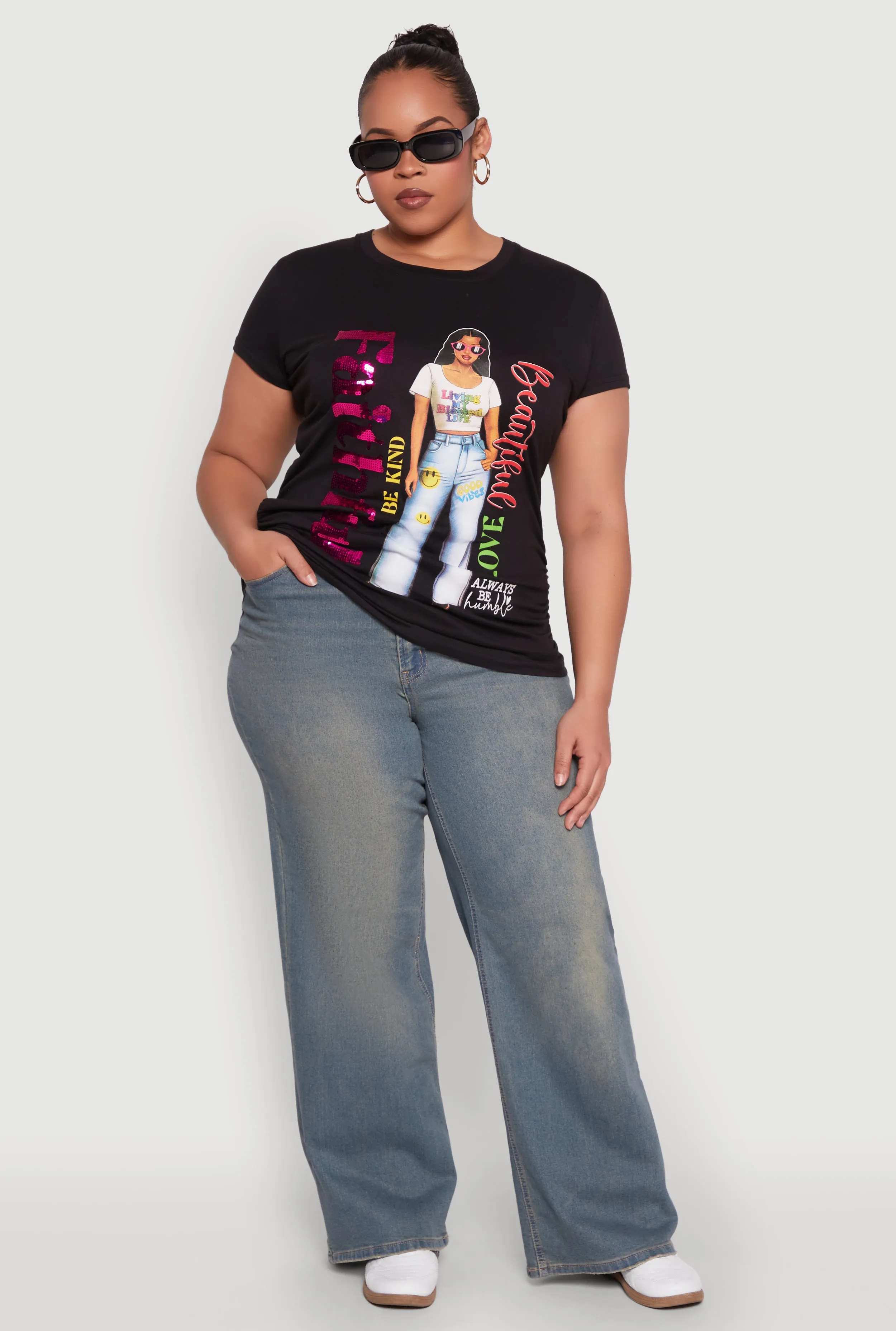 Plus Size Ruched Sequin Faithful Graphic Tee sold by Rainbow