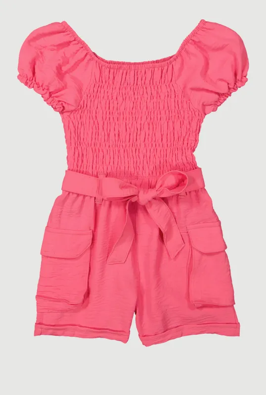 Little Girls Crepe Knit Smocked Cargo Romper sold by Rainbow