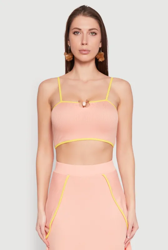 Metallic Notch Neck Contrast Trim Crop Top sold by Rainbow