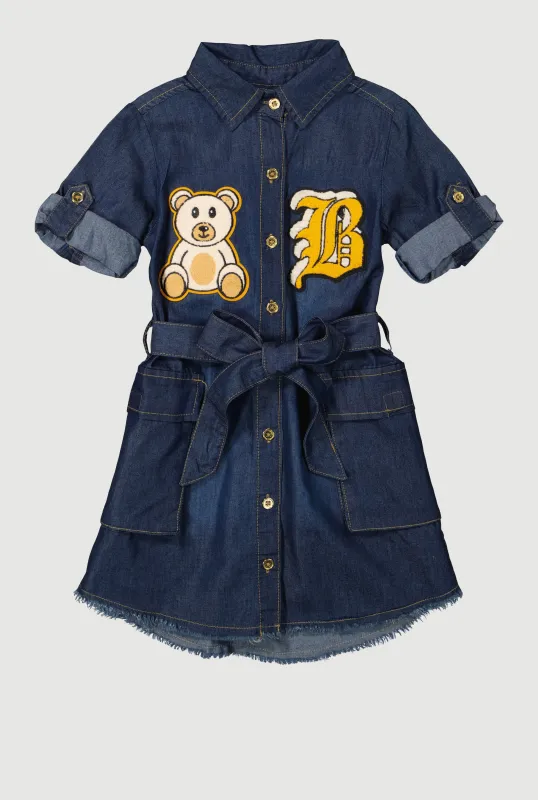 Little Girls Chenille B Initial Patch Cargo Shirt Dress sold by Rainbow