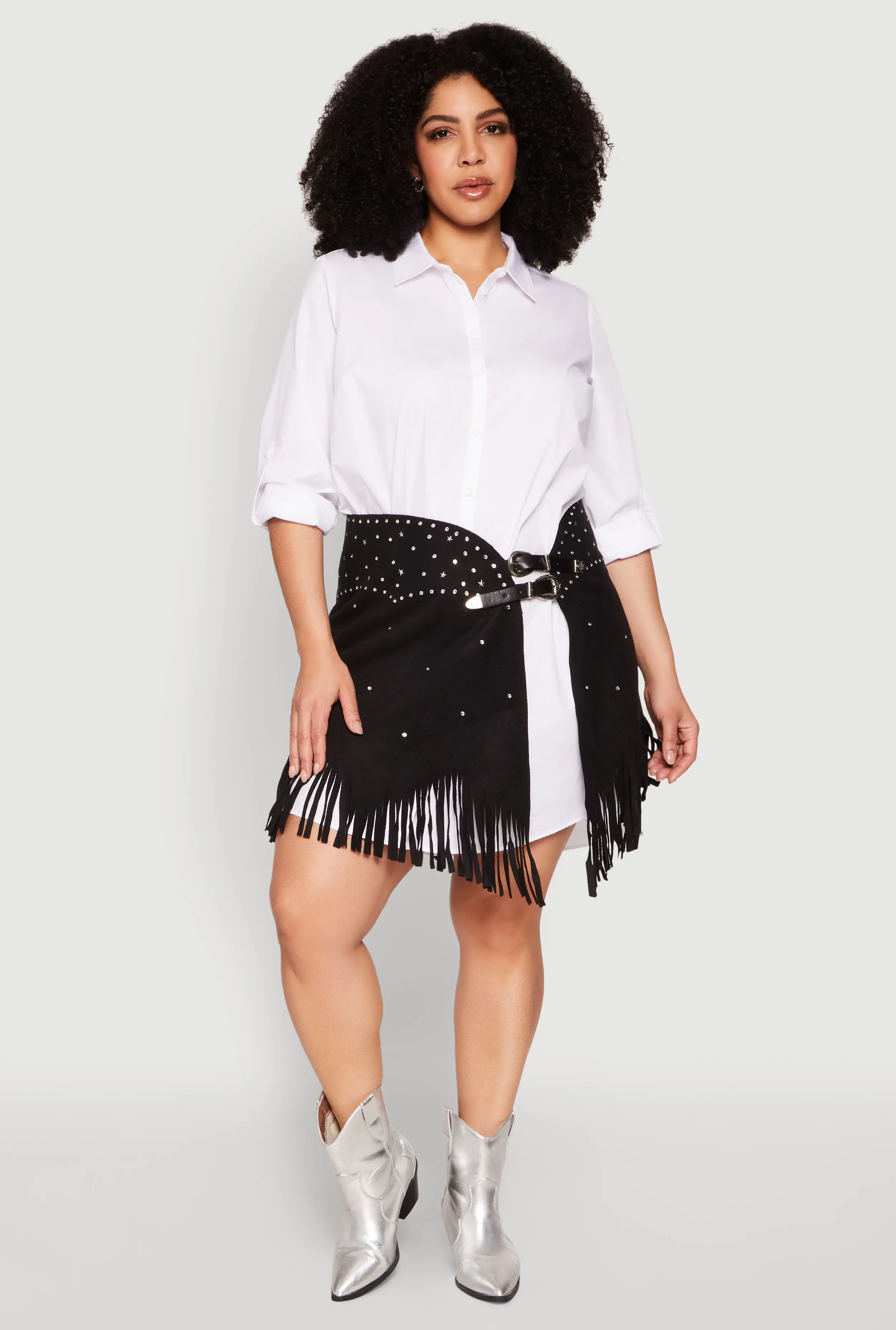 Plus Size Fringe Buckle Front Skirt sold by Rainbow