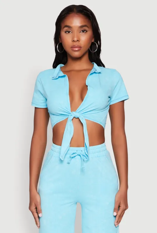 Cropped Mineral Wash Tie Front Top sold by Rainbow