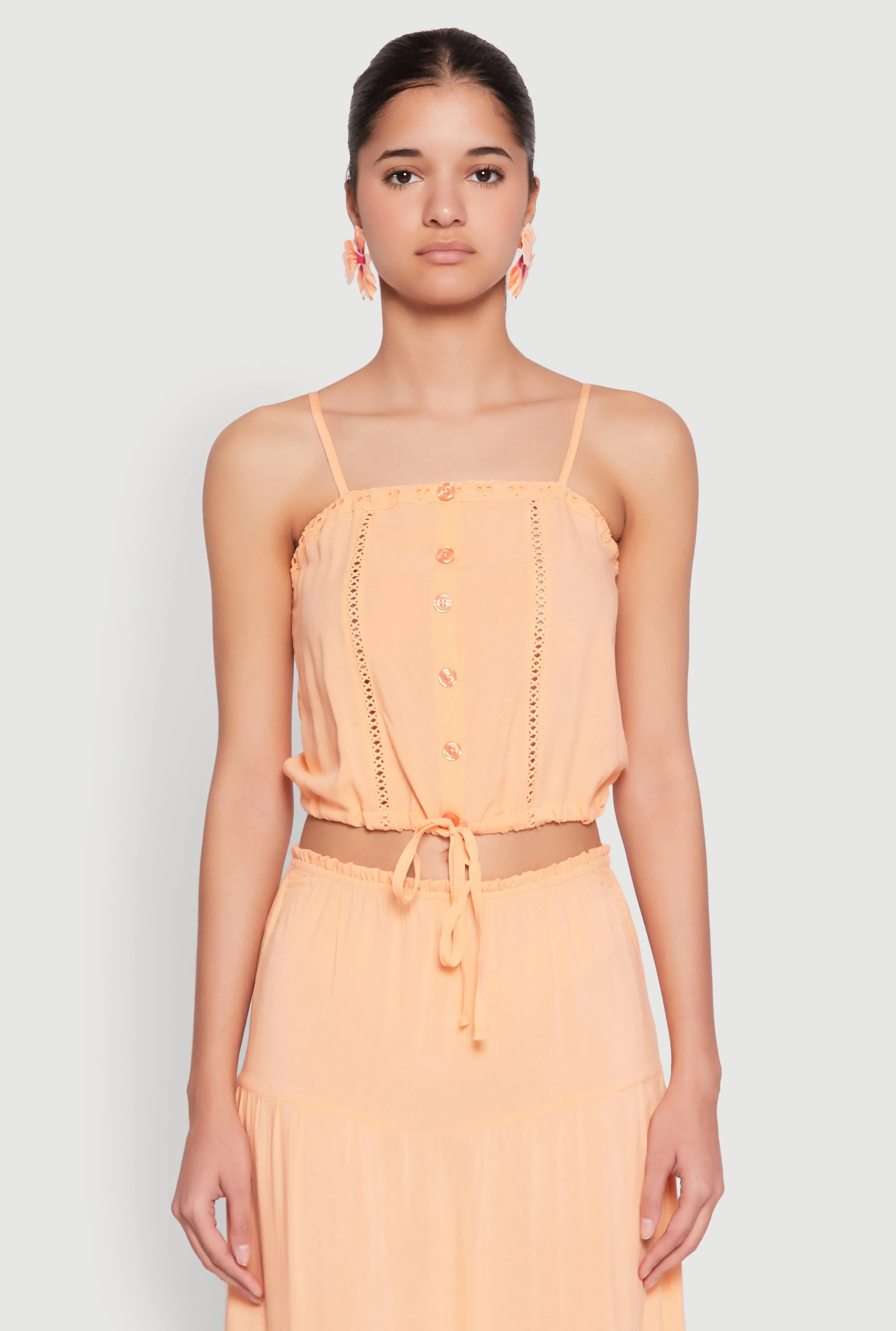 Almost Famous Faux Button Tie Front Crop Top sold by Rainbow