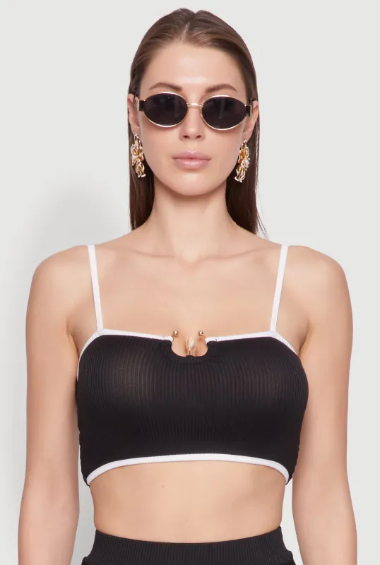Metallic Notch Neck Contrast Trim Crop Top sold by Rainbow
