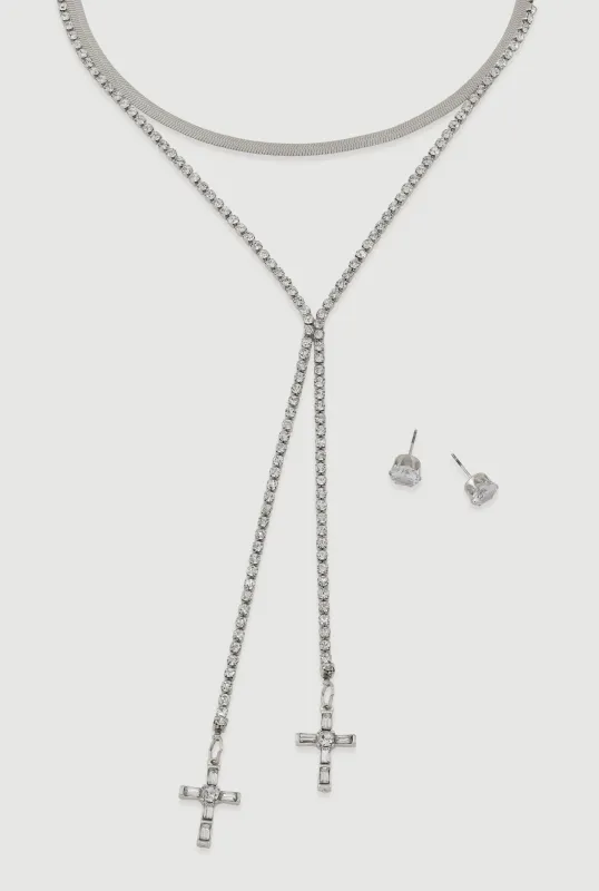 Cross Lariat Necklace and Stud Earrings sold by Rainbow