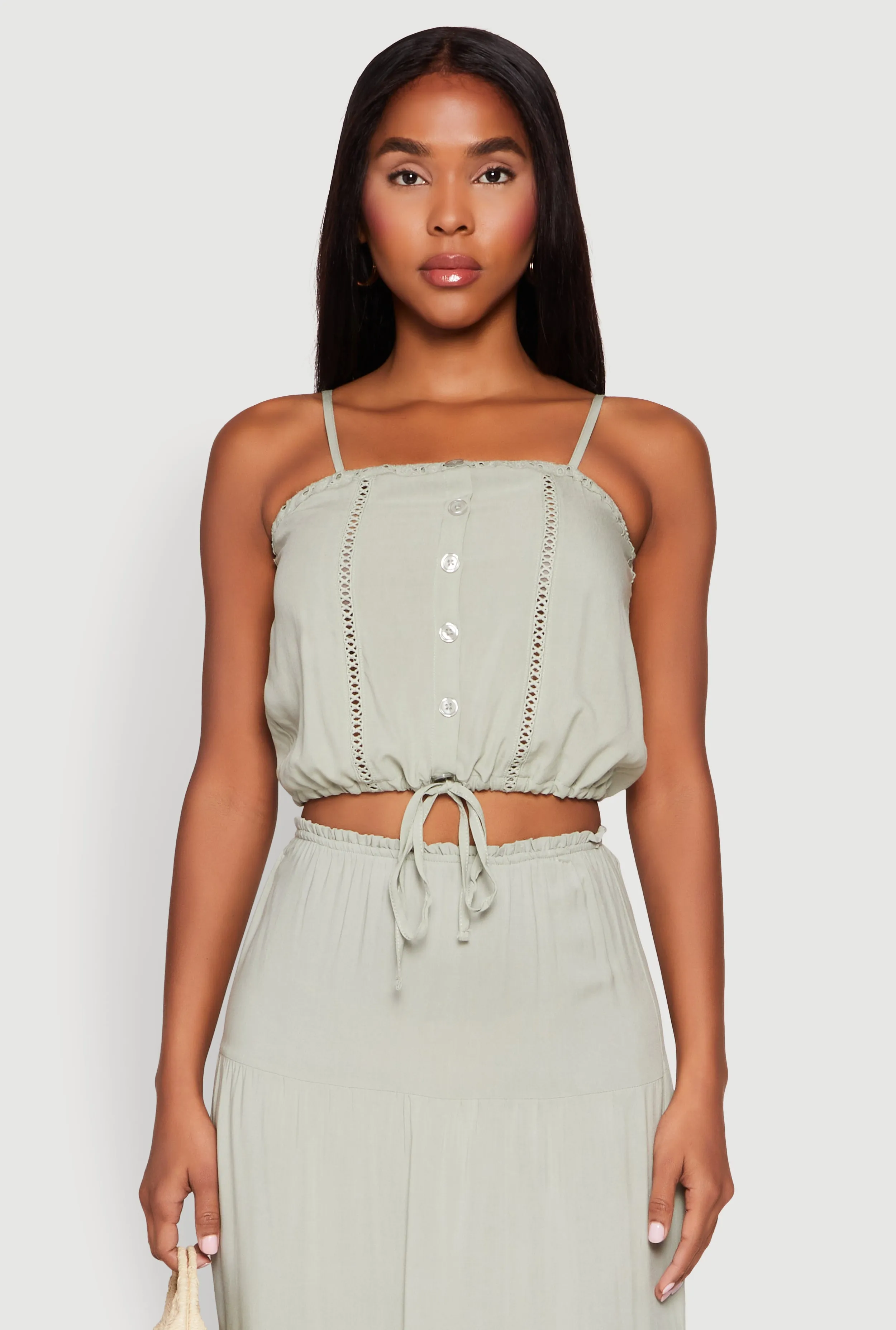 Almost Famous Faux Button Tie Front Crop Top sold by Rainbow