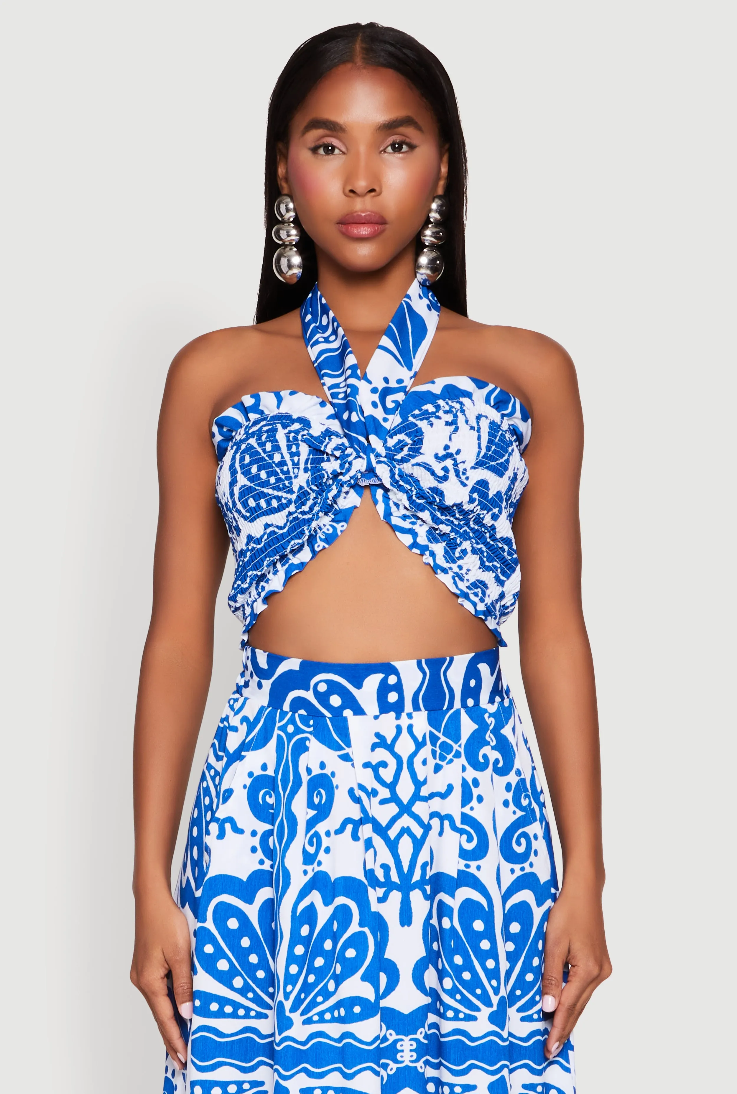 Printed Pattern Tie Front Crop Top sold by Rainbow