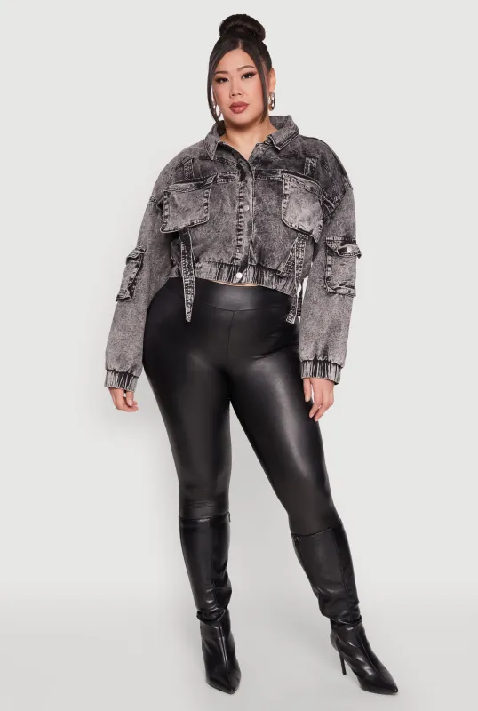 Plus Size Mineral Wash Cropped Cargo Jacket sold by Rainbow