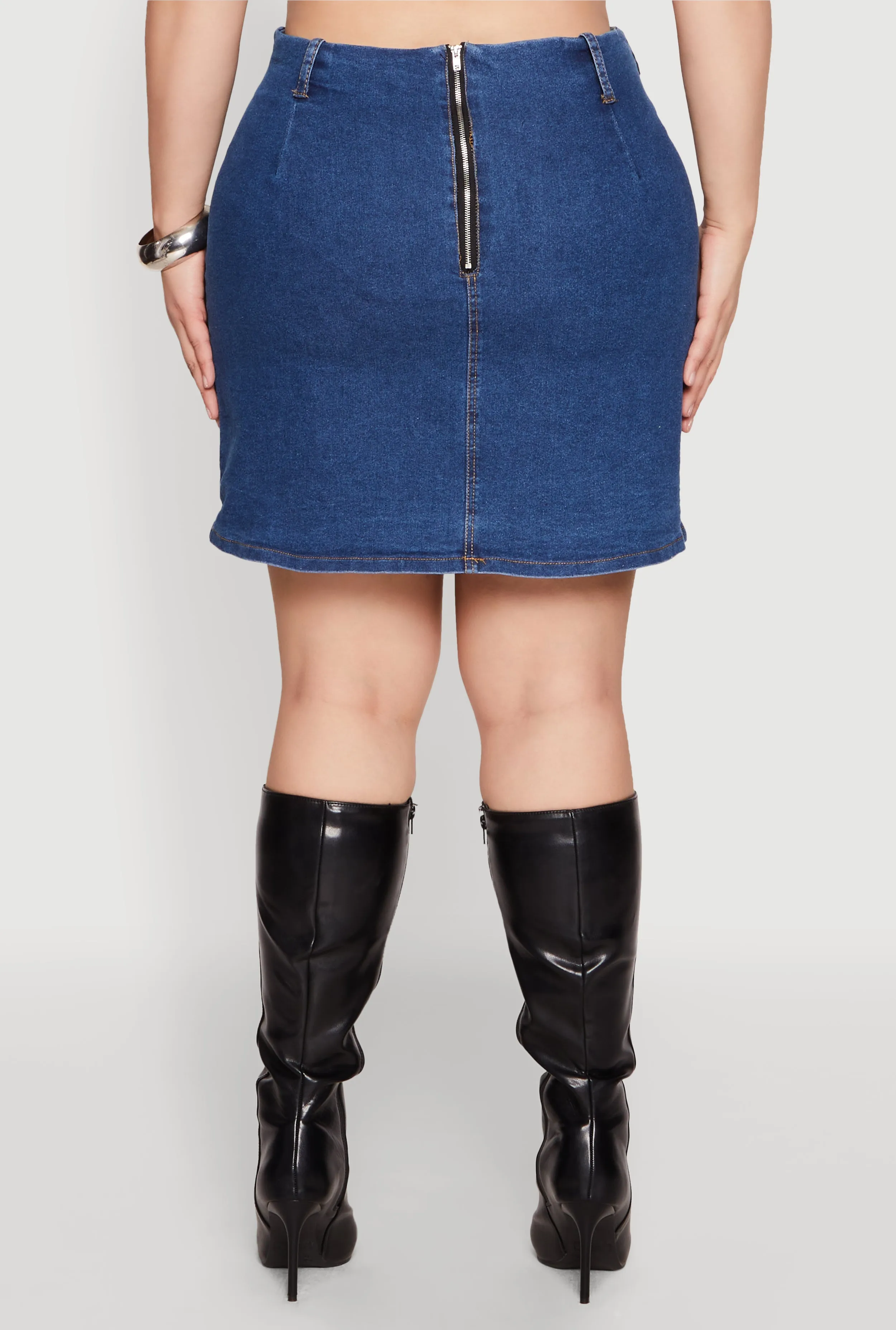 Plus Size Zip Back Belted Front Denim Mini Skirt sold by Rainbow product image thumbnail 5