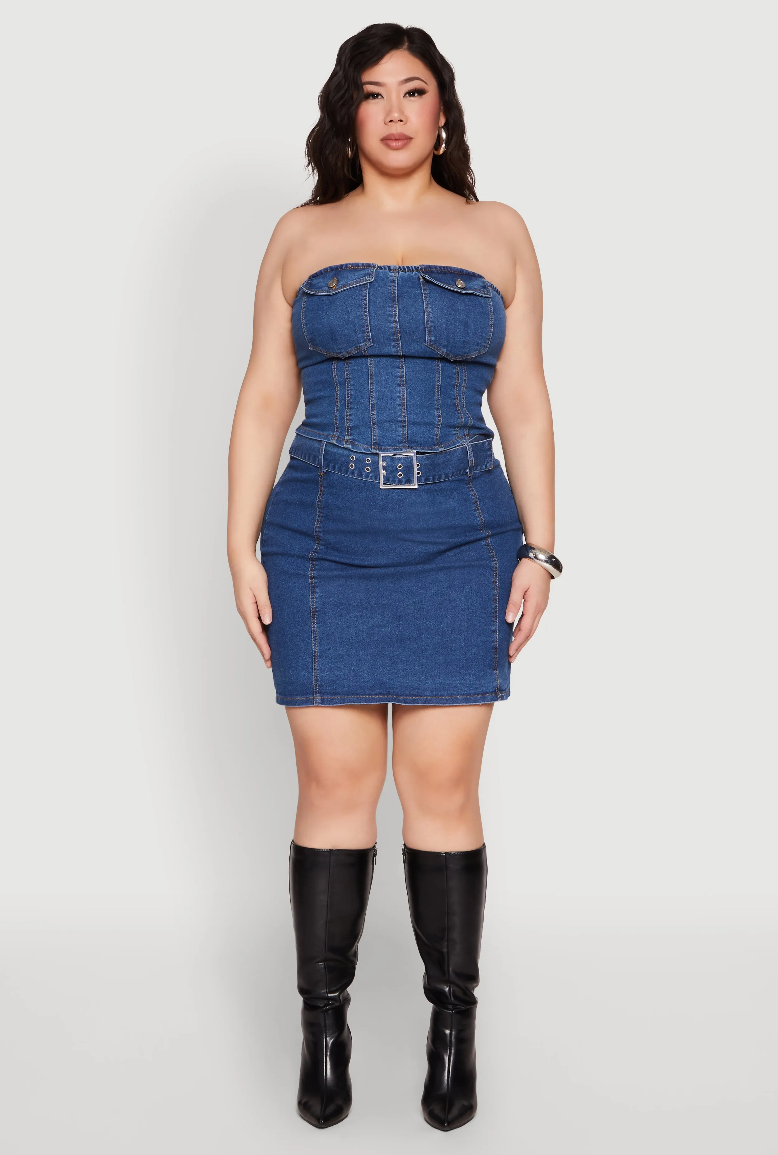 Plus Size Zip Back Belted Front Denim Mini Skirt sold by Rainbow