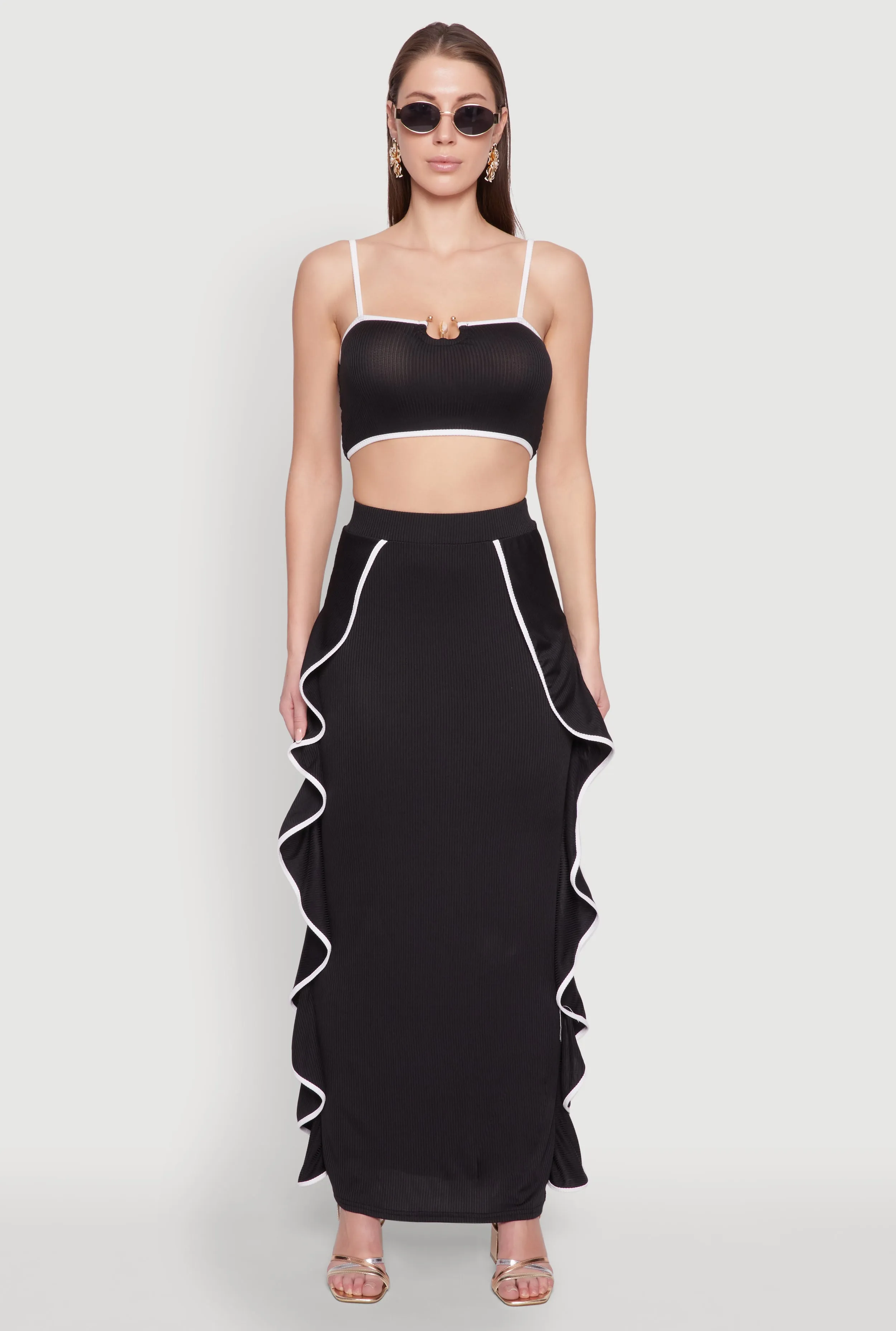 Contrast Trim Side Ruffle Maxi Skirt sold by Rainbow