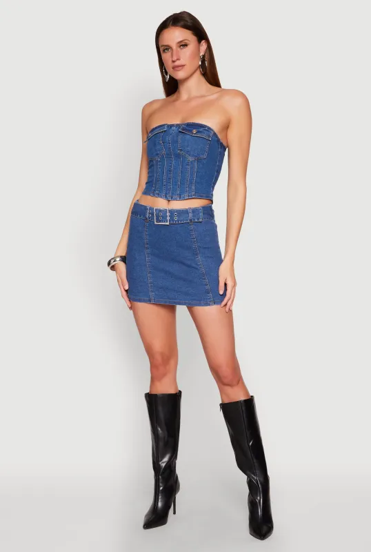 Zip Back Belted Front Denim Mini Skirt made by Rainbow