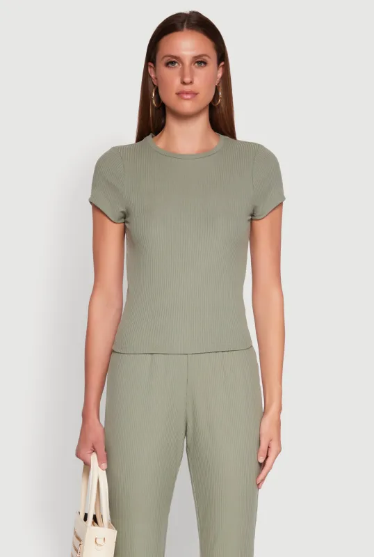 Ribbed Knit Short Sleeve Tee sold by Rainbow