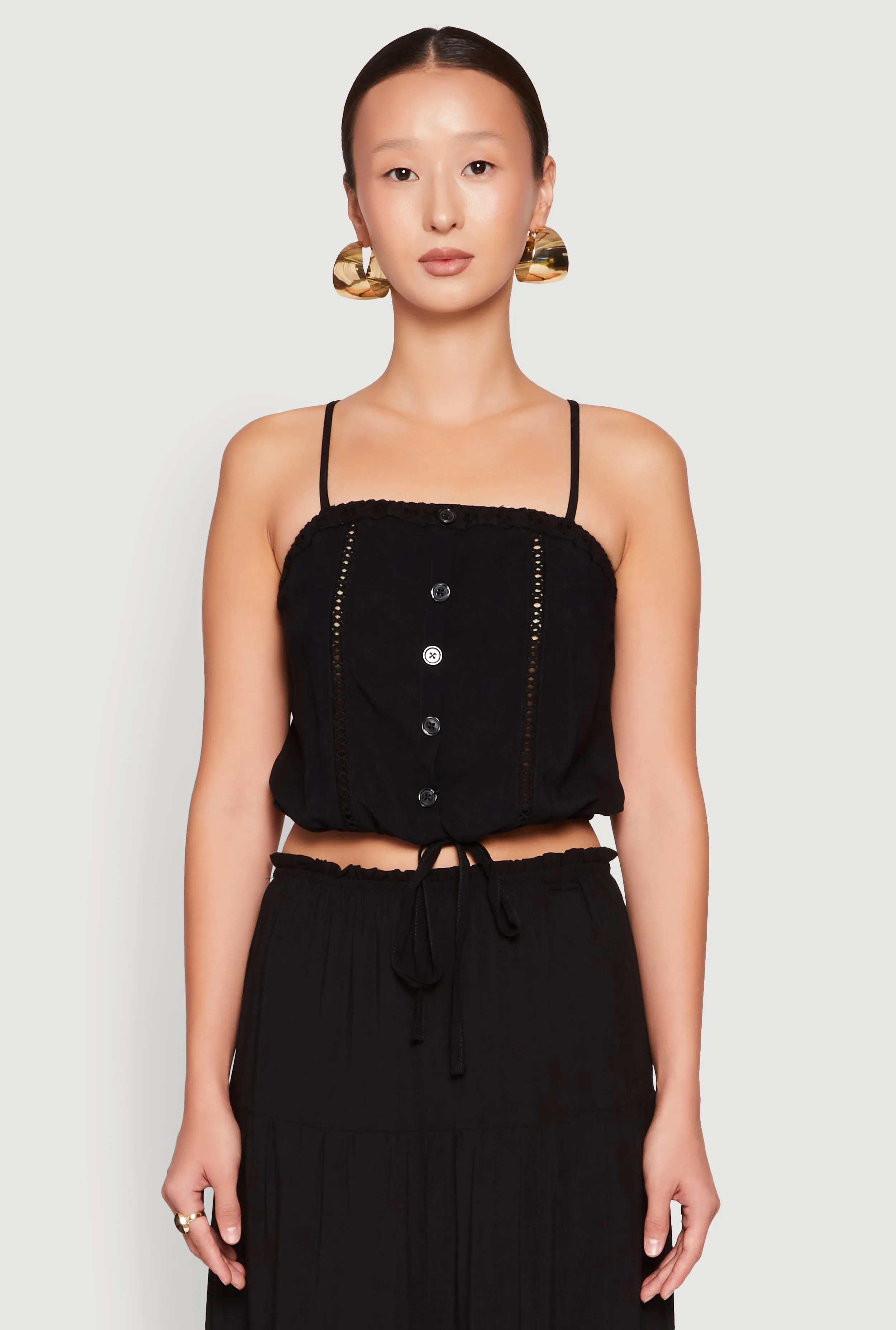 Almost Famous Faux Button Tie Front Crop Top sold by Rainbow