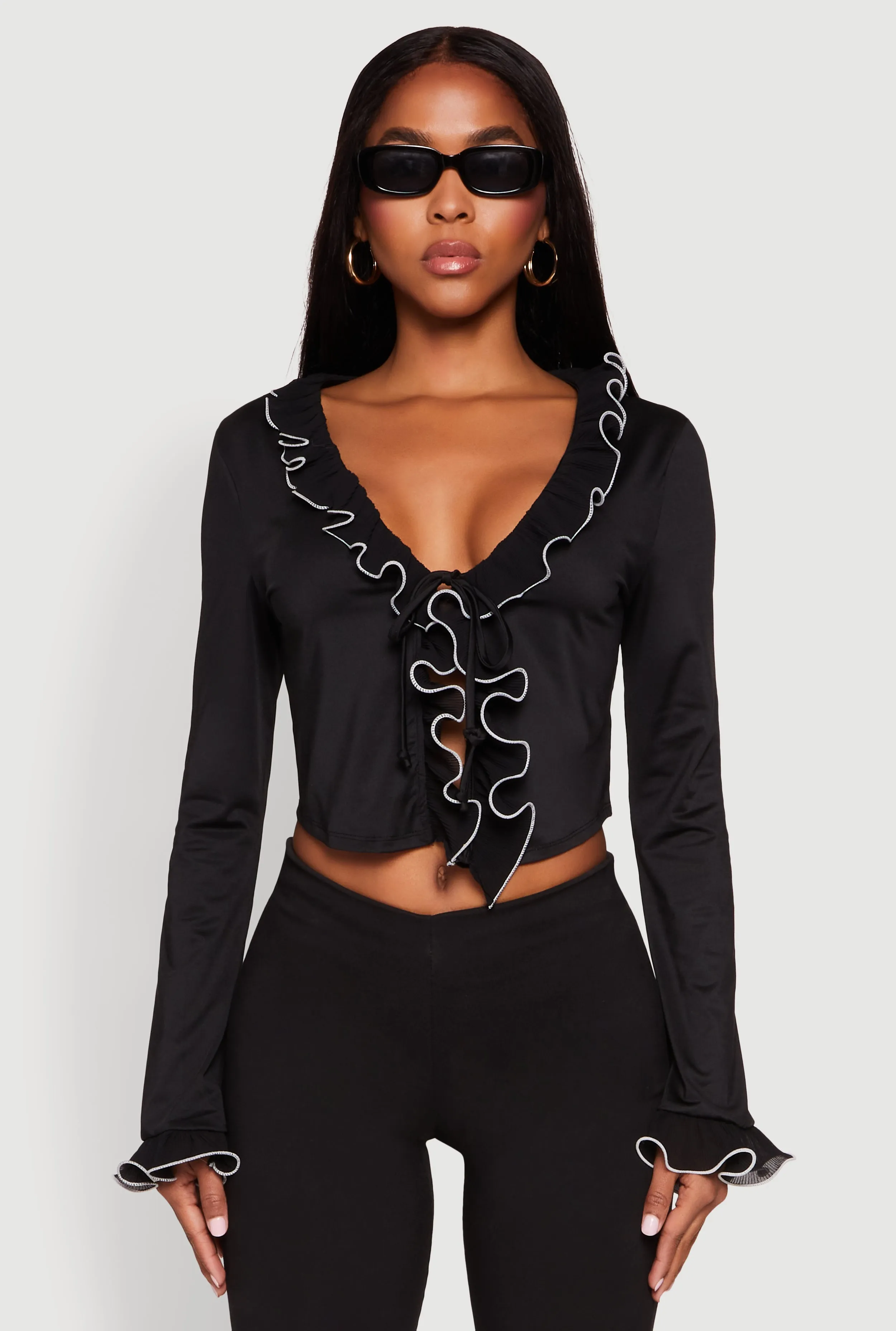 Ruffle Trim Tie Front Crop Top sold by Rainbow product image thumbnail 2