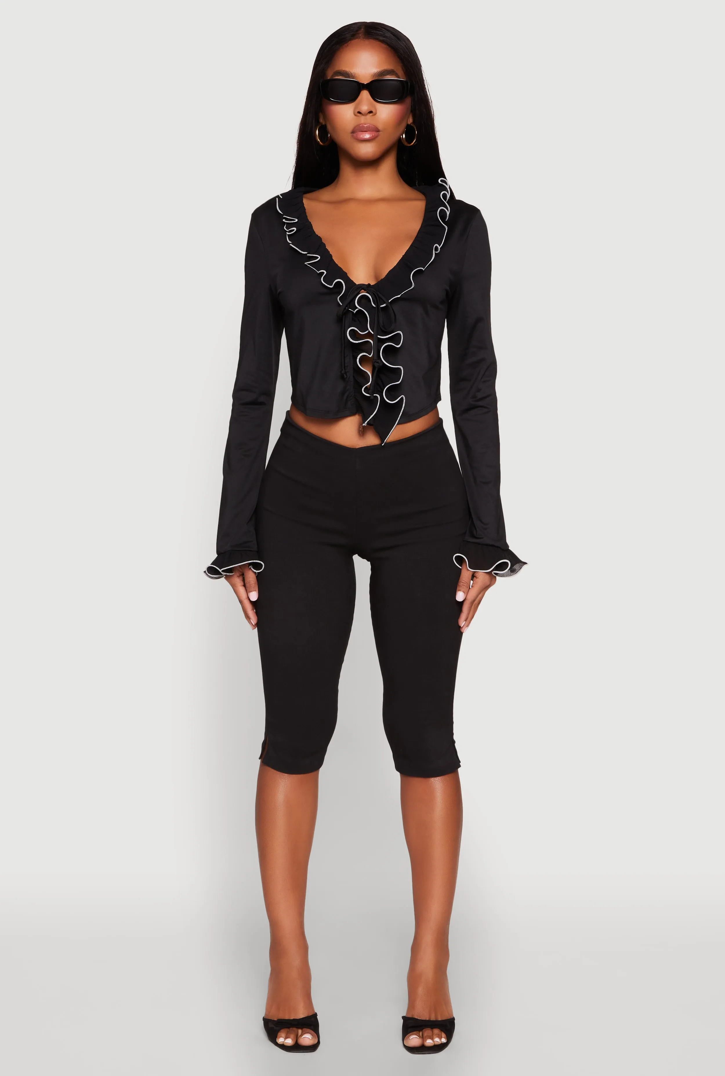 Ruffle Trim Tie Front Crop Top sold by Rainbow