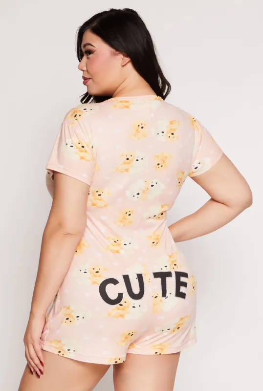 Plus Size Teddy Bear Print Button Front Pajama Romper sold by Rainbow