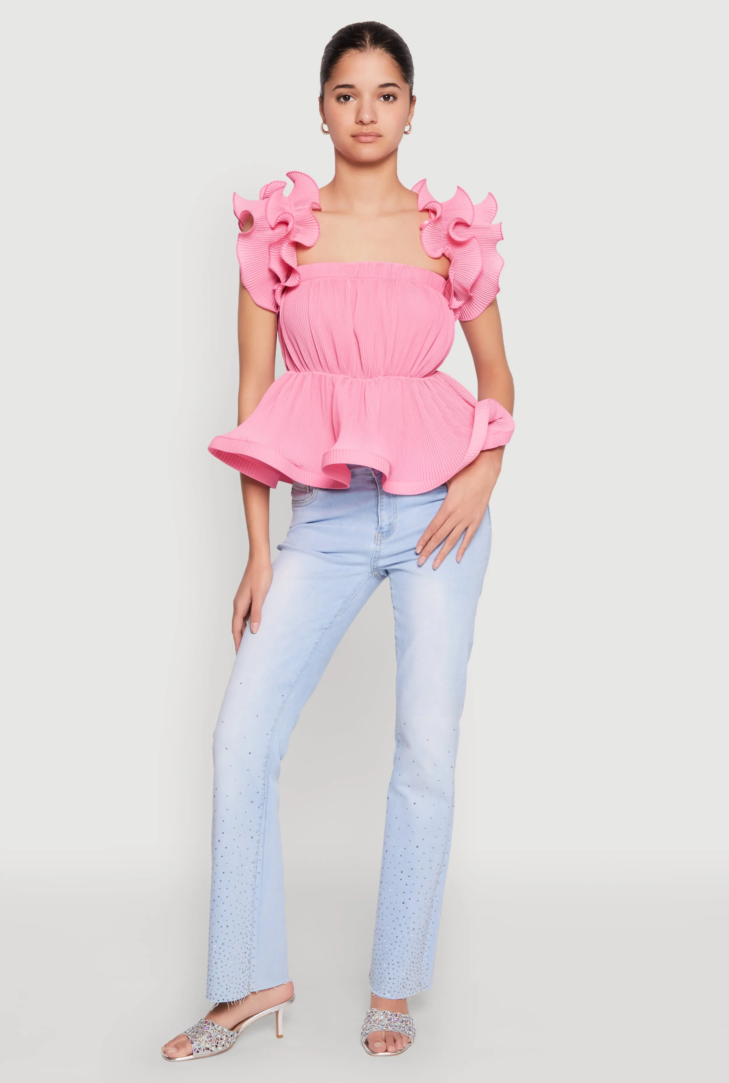 Ruffle Sleeve Plisse Peplum Top sold by Rainbow