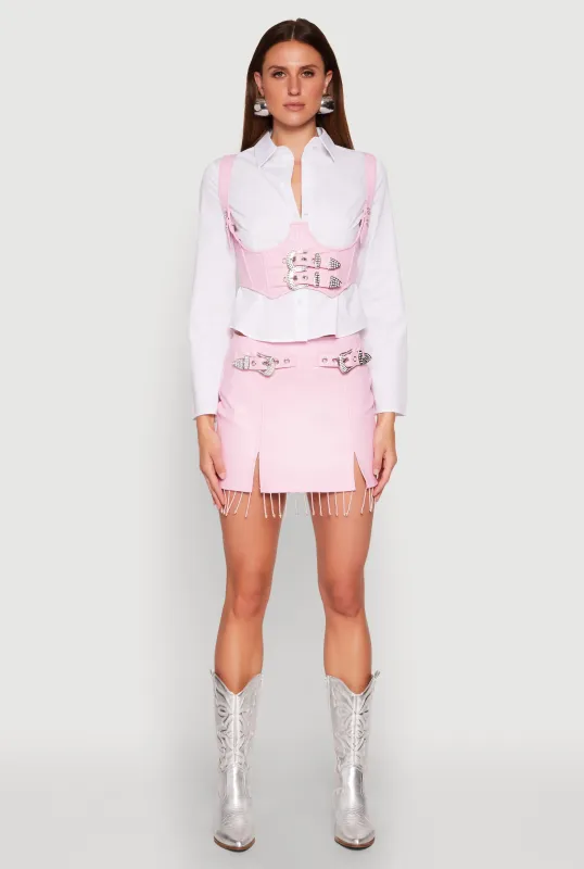 Faux Leather Buckle Front Fringe Skirt sold by Rainbow