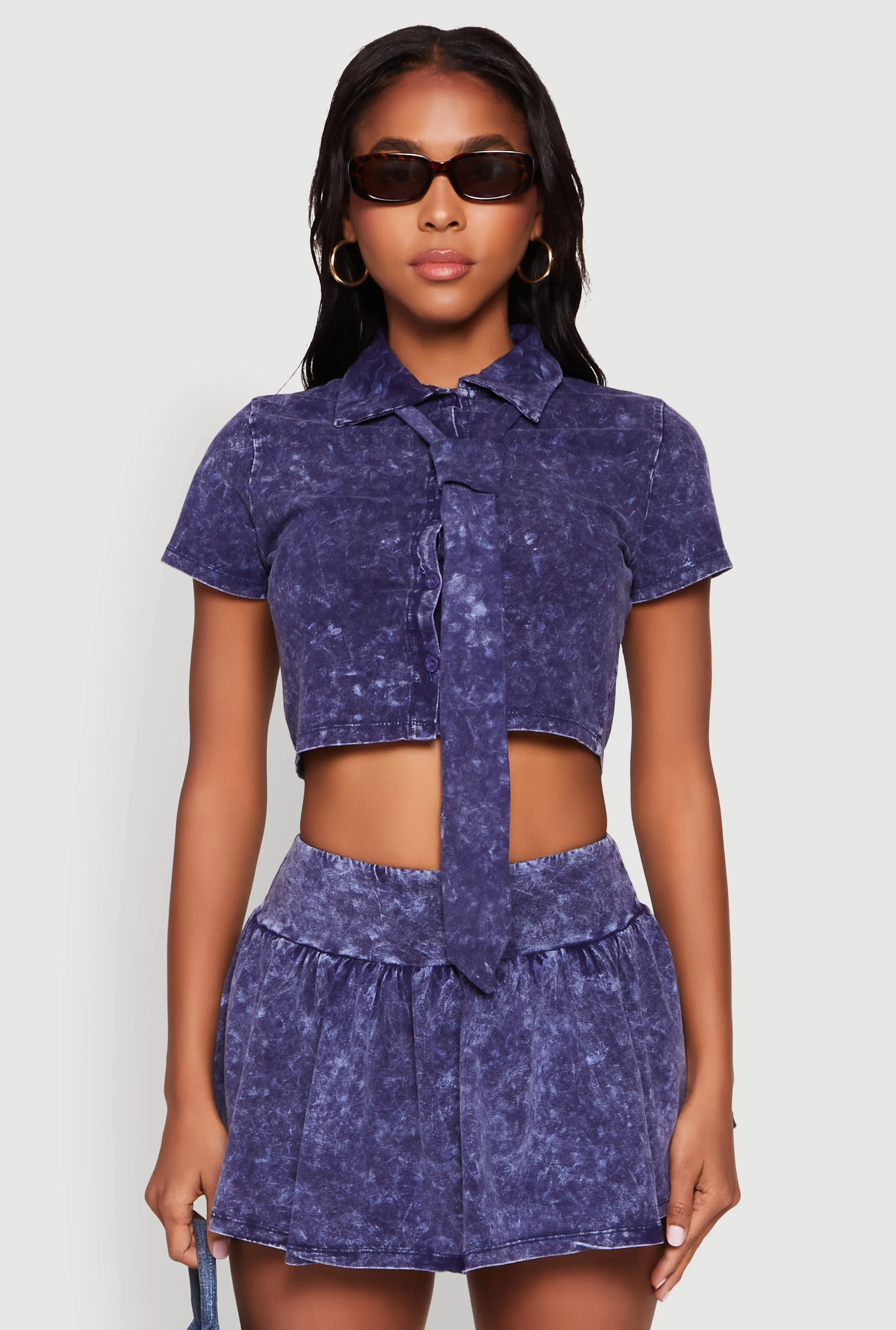 Mineral Wash Crop Top with Necktie sold by Rainbow