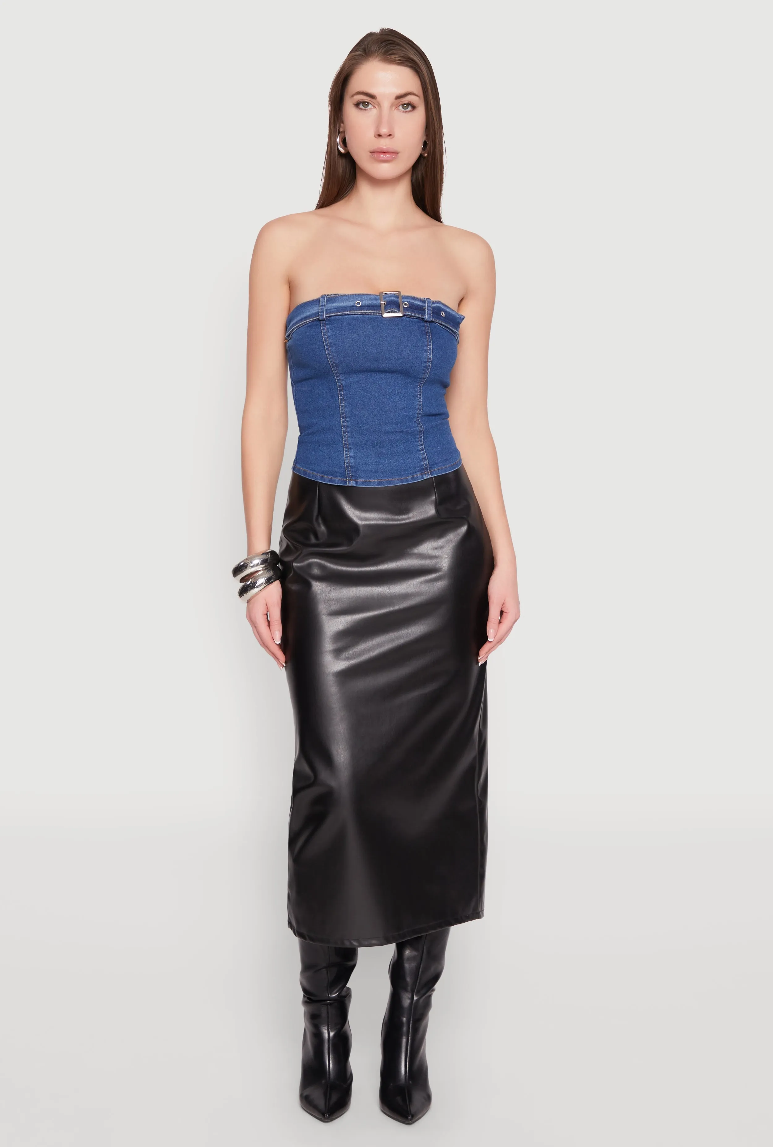 Denim Belted Front Tube Top sold by Rainbow