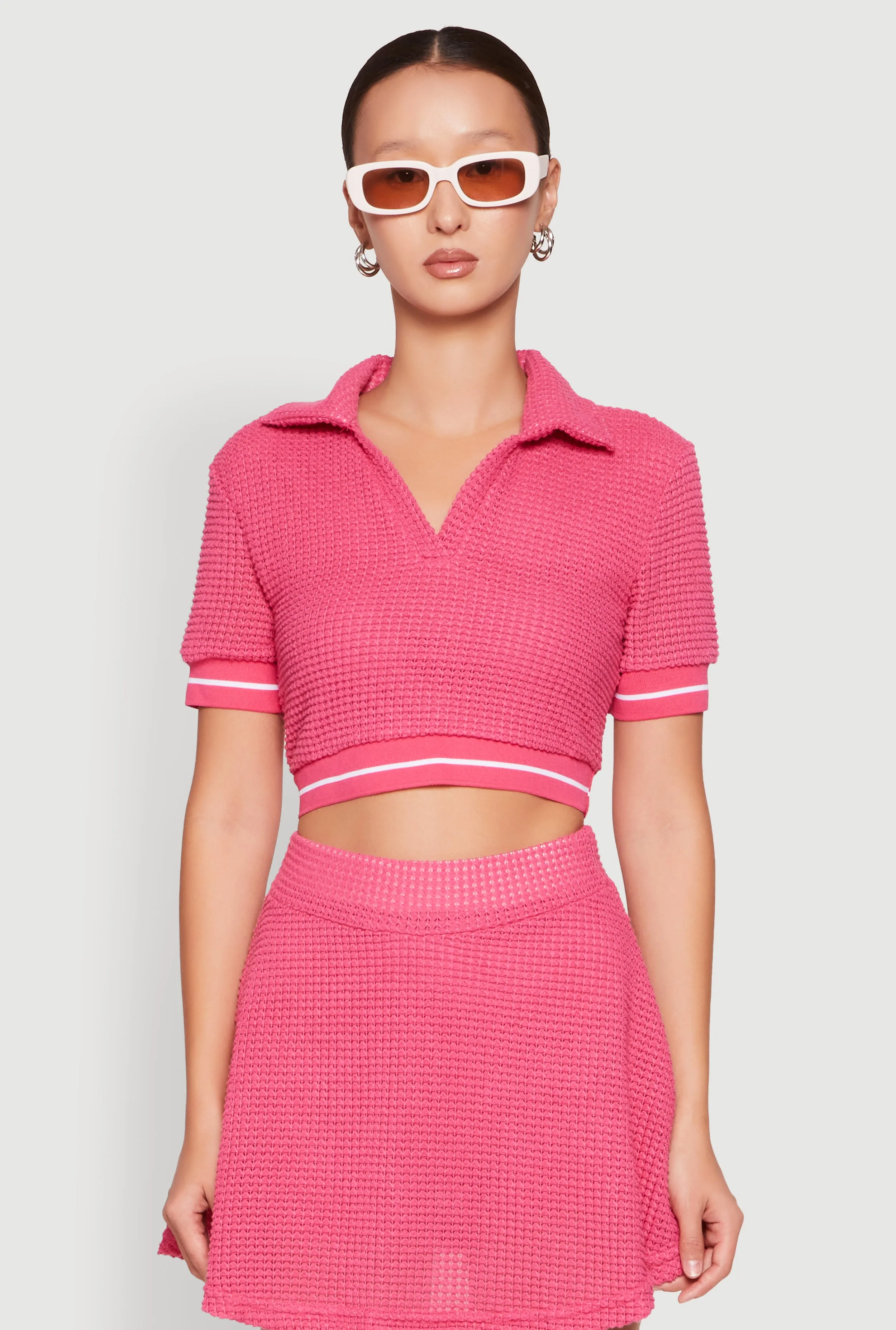 Textured Knit Johnny Collar Crop Top sold by Rainbow