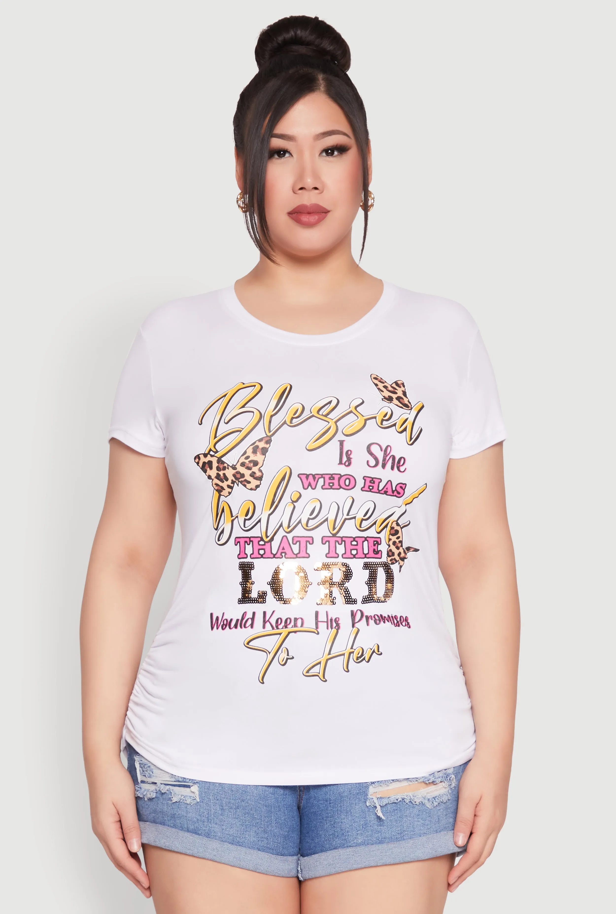 Plus Size Blessed Is She Ruched Graphic Tee sold by Rainbow product image thumbnail 2