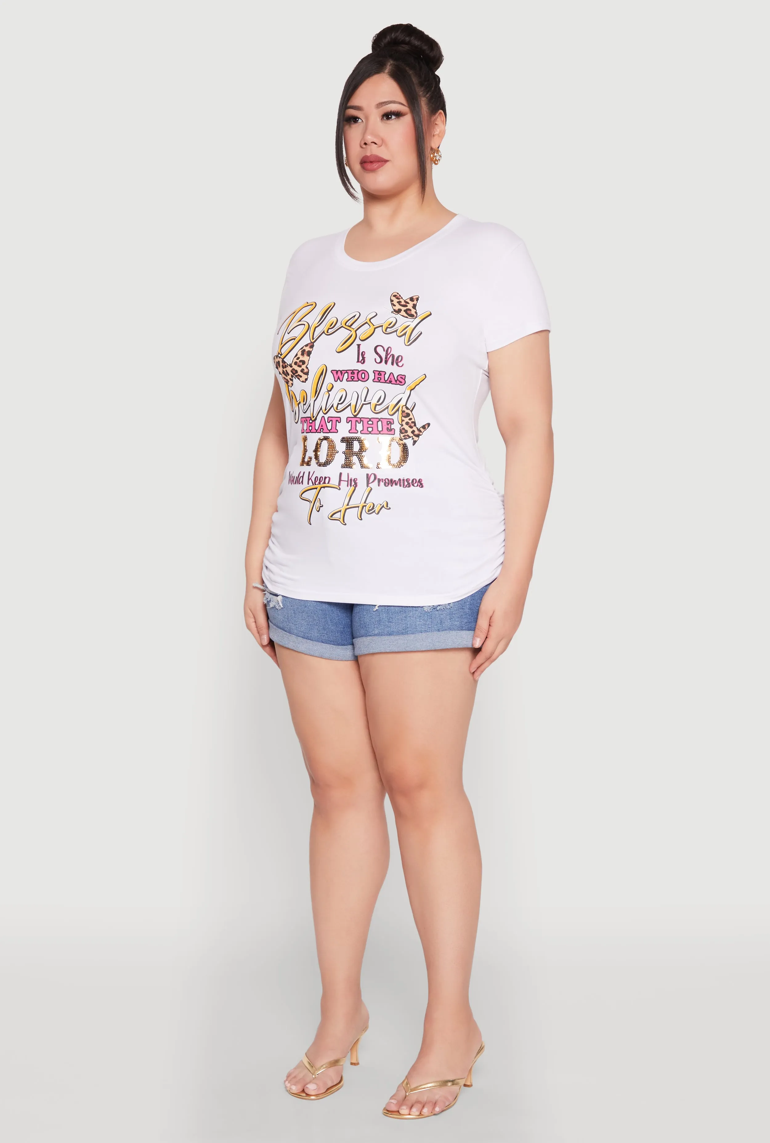 Plus Size Blessed Is She Ruched Graphic Tee sold by Rainbow product image thumbnail 5