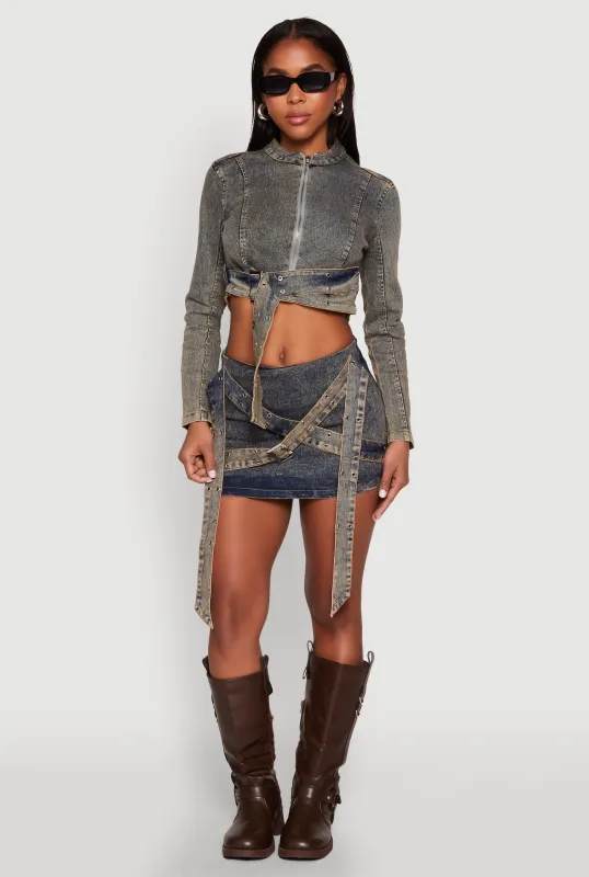 Mineral Wash Asymmetrical Buckle Strap Mini Skirt sold by Rainbow