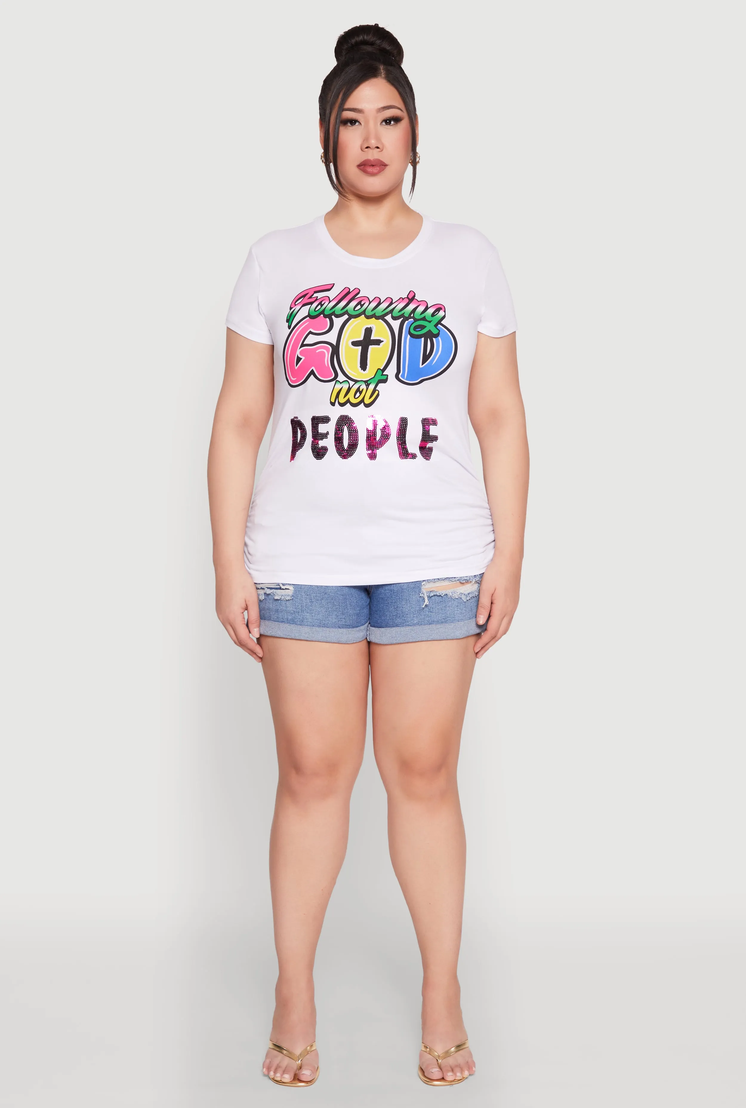 Plus Size Following God Sequin Graphic Tee sold by Rainbow