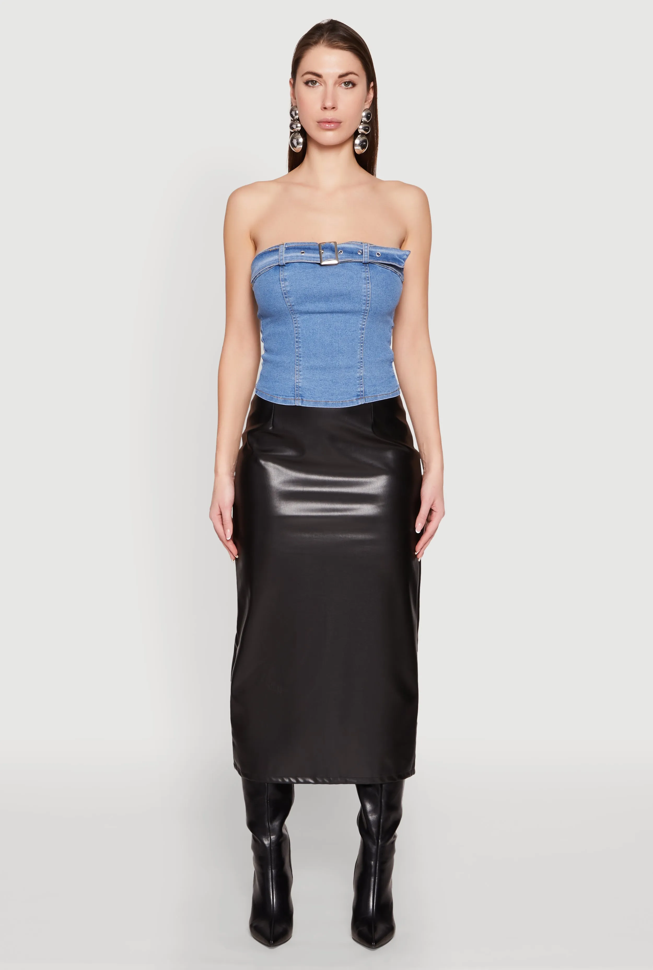 Denim Belted Front Tube Top sold by Rainbow