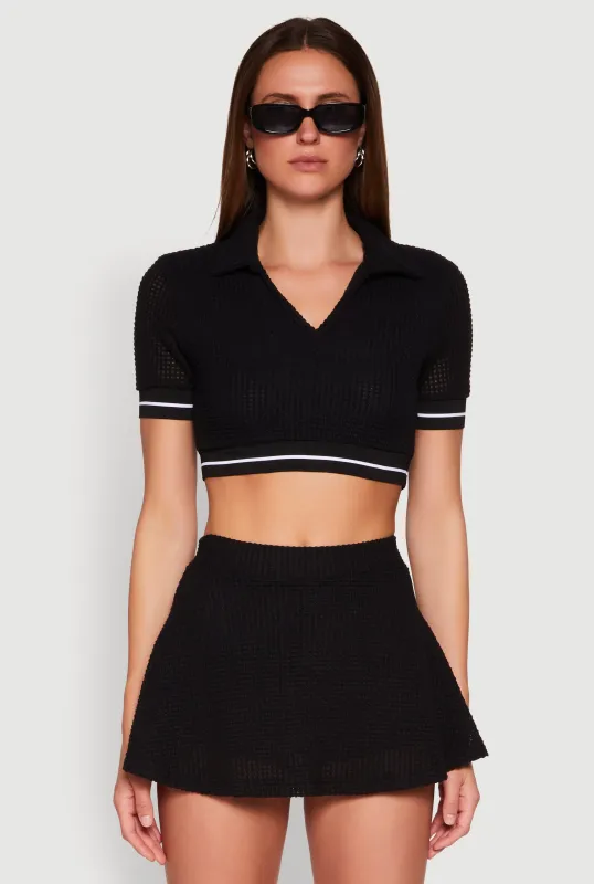 Textured Knit Johnny Collar Crop Top sold by Rainbow