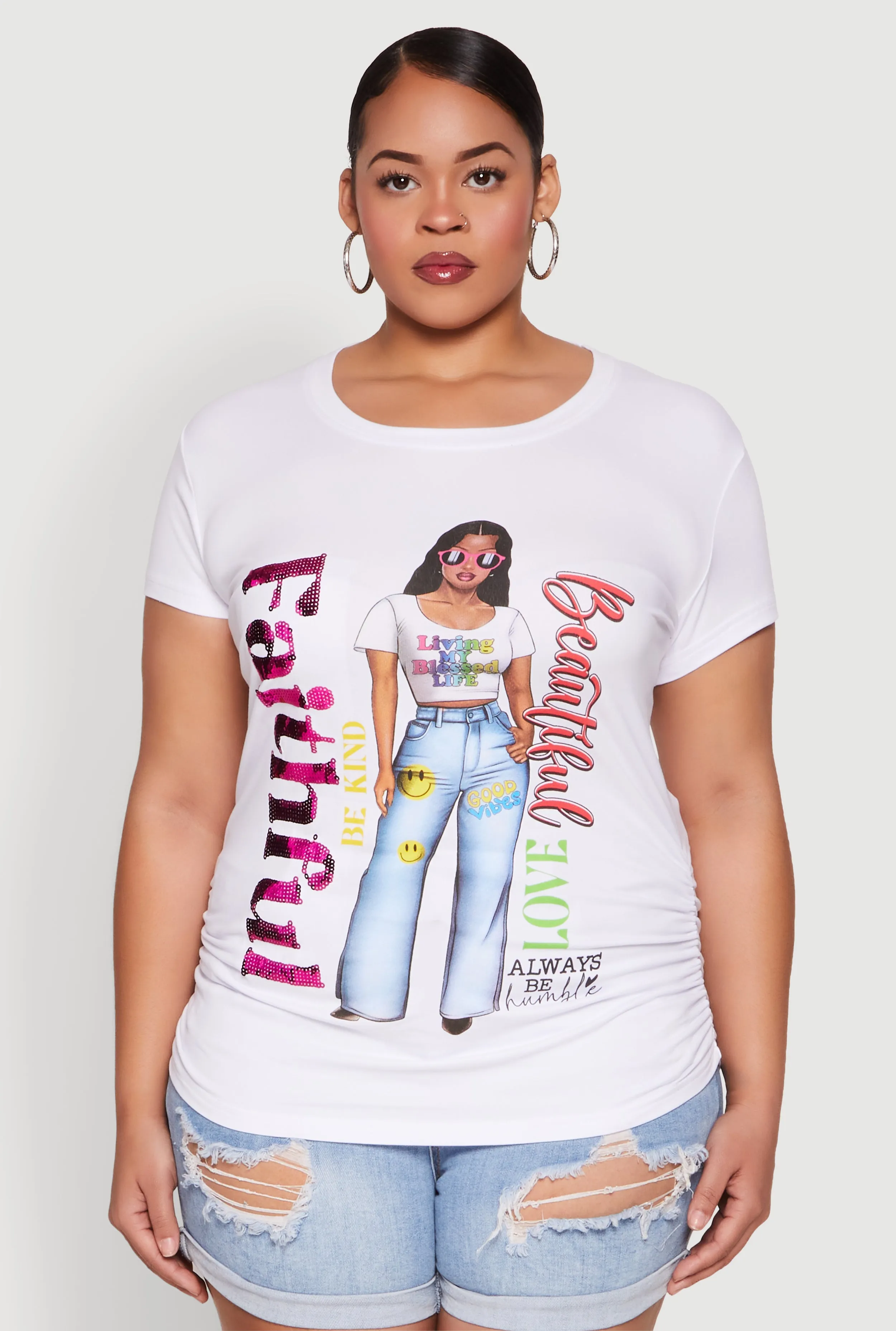 Plus Size Ruched Sequin Faithful Graphic Tee sold by Rainbow product image thumbnail 2