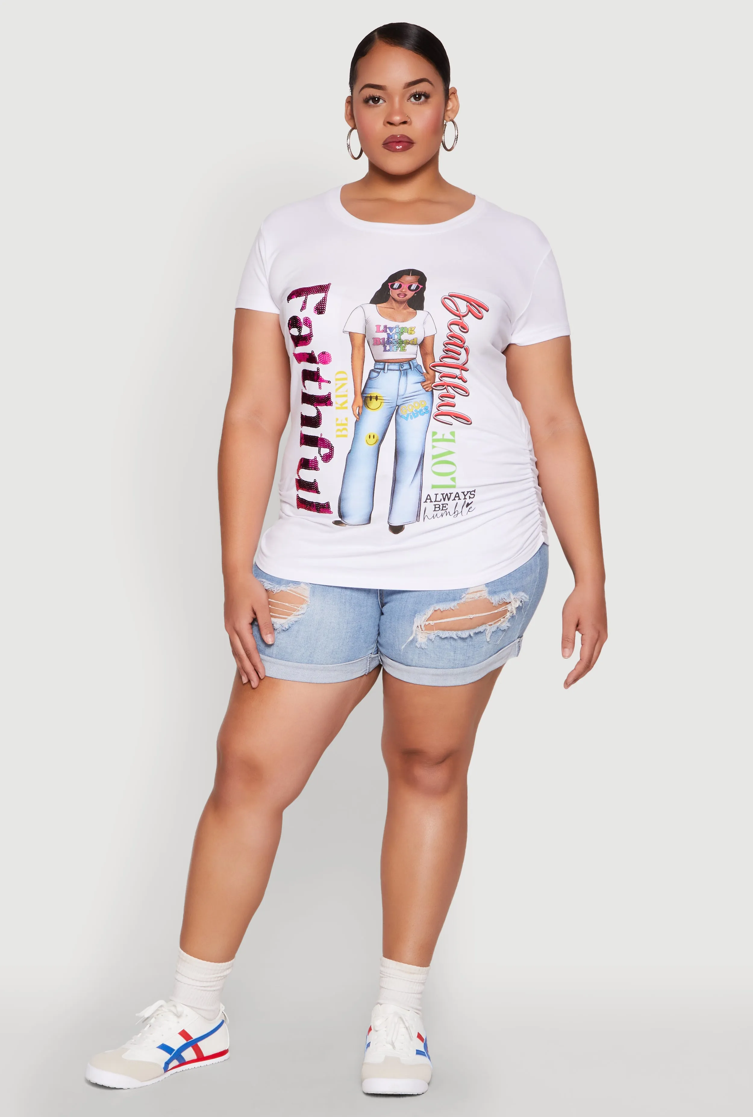 Plus Size Ruched Sequin Faithful Graphic Tee sold by Rainbow product image thumbnail 3