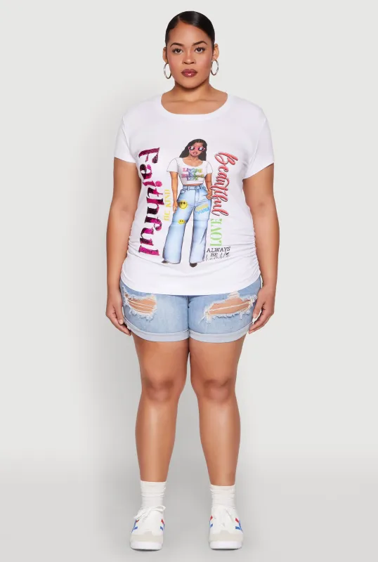 Plus Size Ruched Sequin Faithful Graphic Tee sold by Rainbow