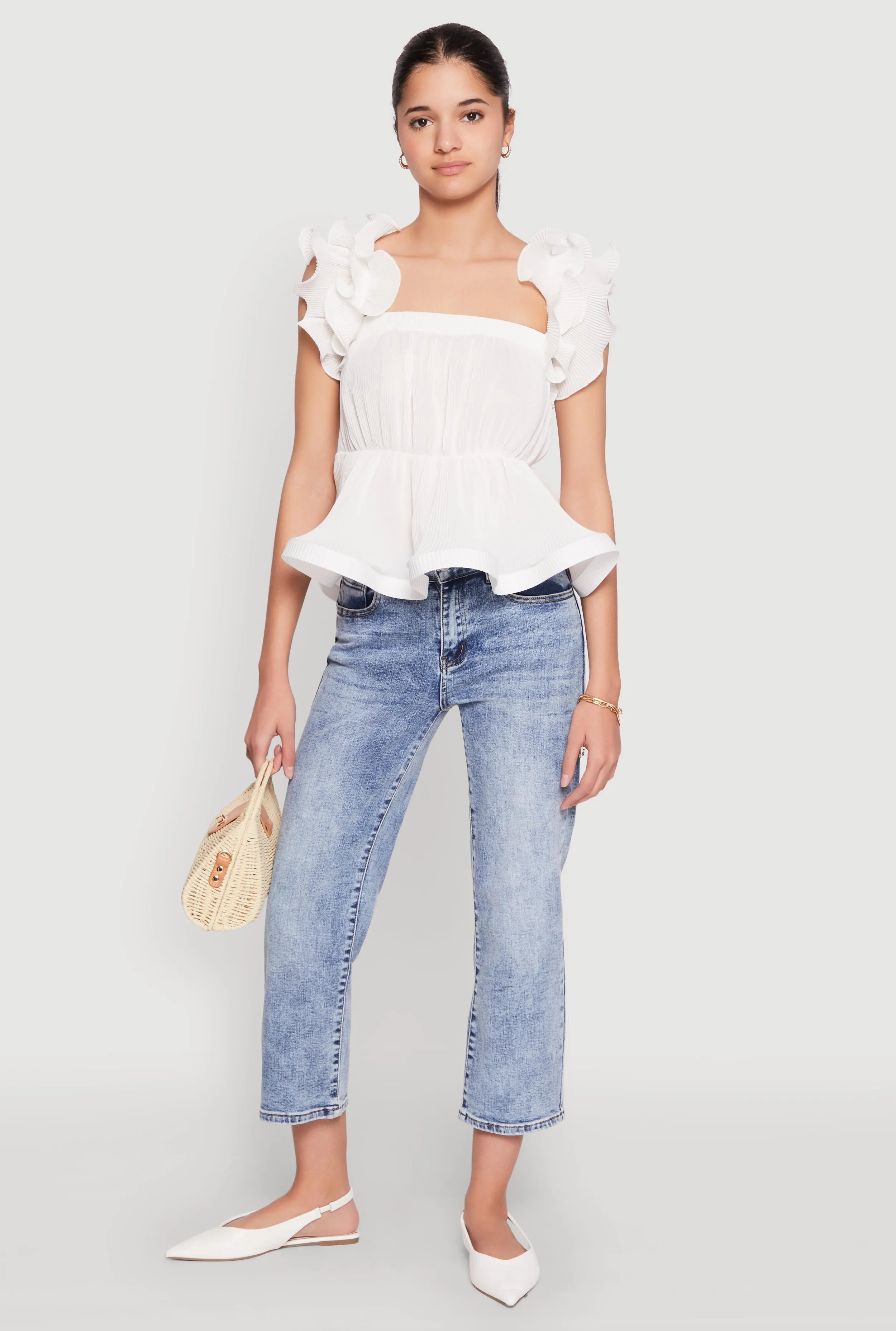 Ruffle Sleeve Plisse Peplum Top sold by Rainbow