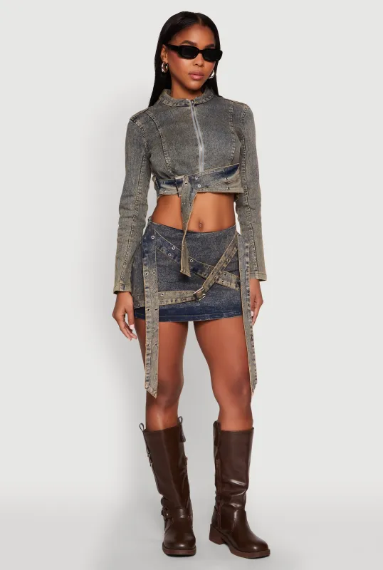Mineral Wash Buckle Strap Cropped Jean Jacket sold by Rainbow
