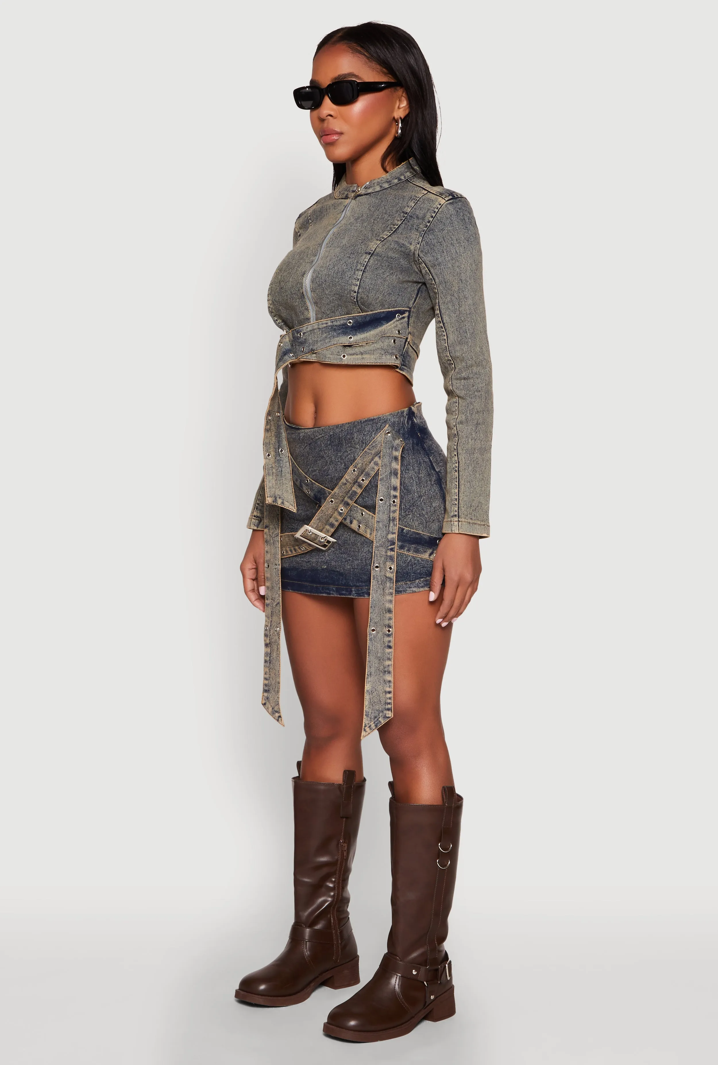 Mineral Wash Buckle Strap Cropped Jean Jacket sold by Rainbow product image thumbnail 5