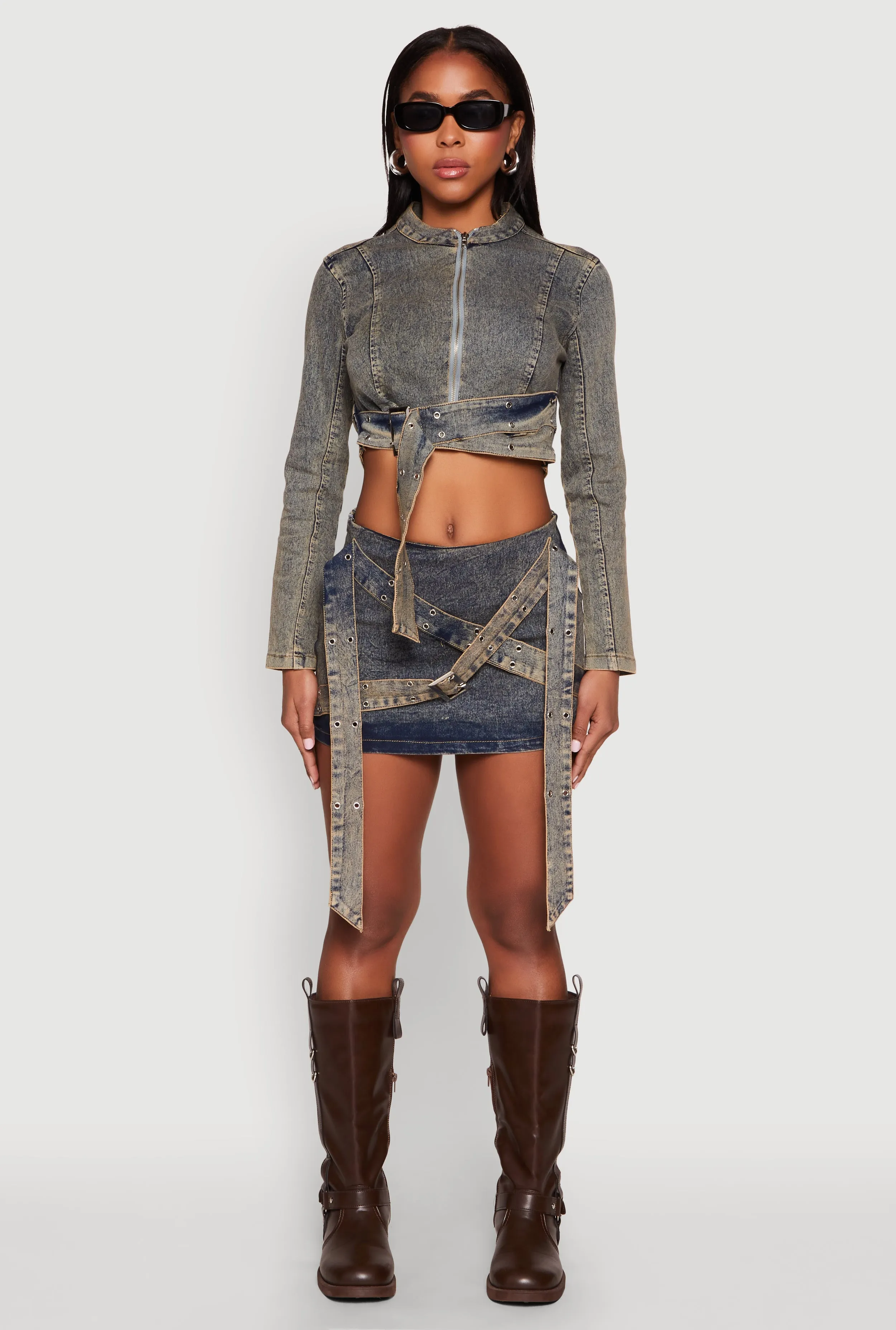 Mineral Wash Buckle Strap Cropped Jean Jacket sold by Rainbow product image thumbnail 3