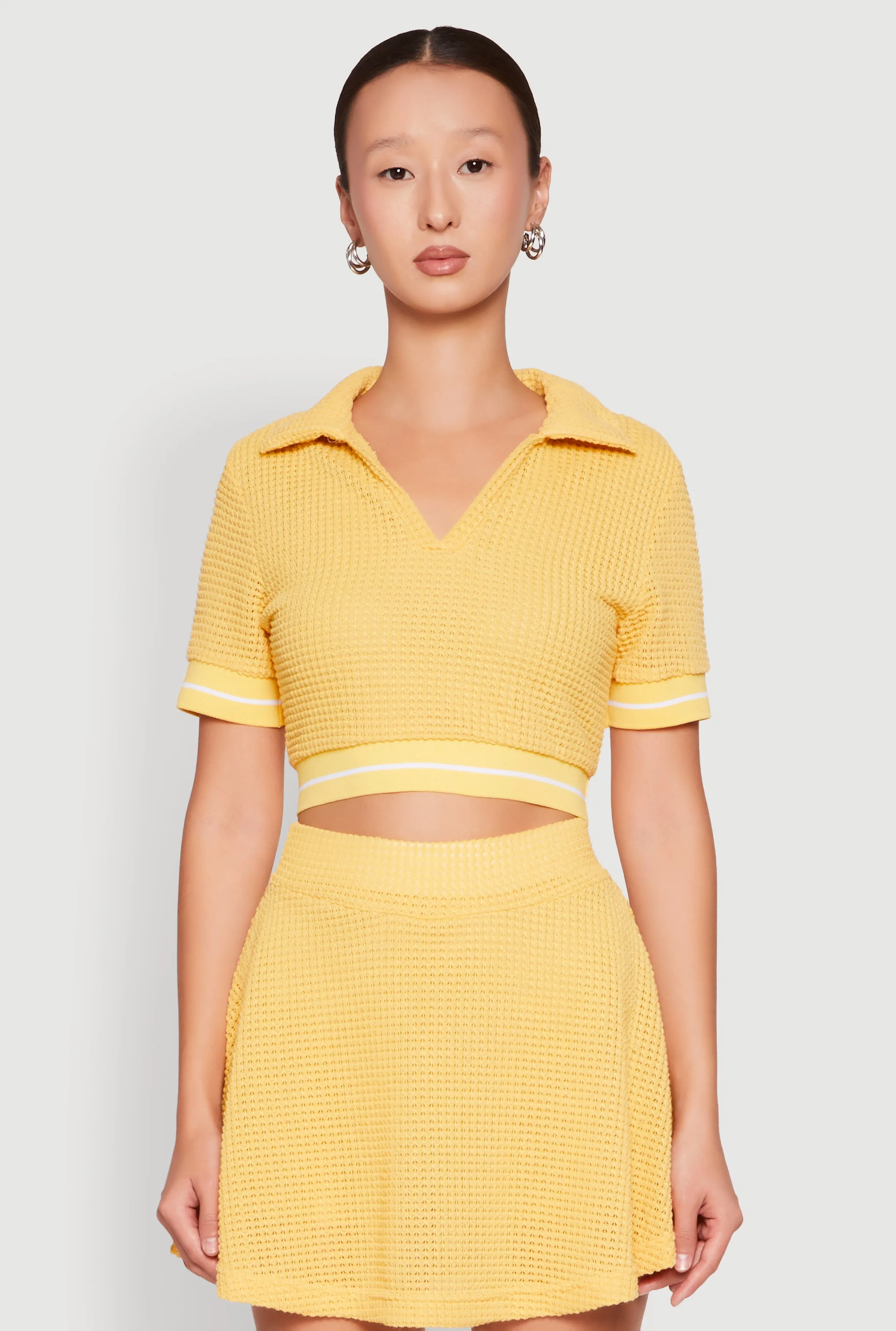 Textured Knit Johnny Collar Crop Top sold by Rainbow