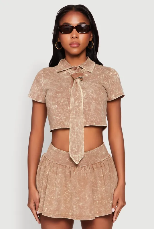 Mineral Wash Crop Top with Necktie sold by Rainbow