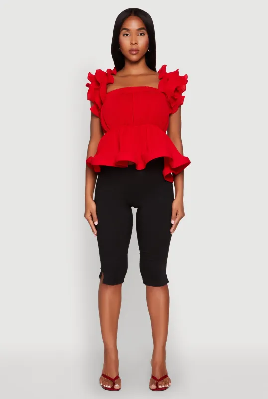 Ruffle Sleeve Plisse Peplum Top sold by Rainbow