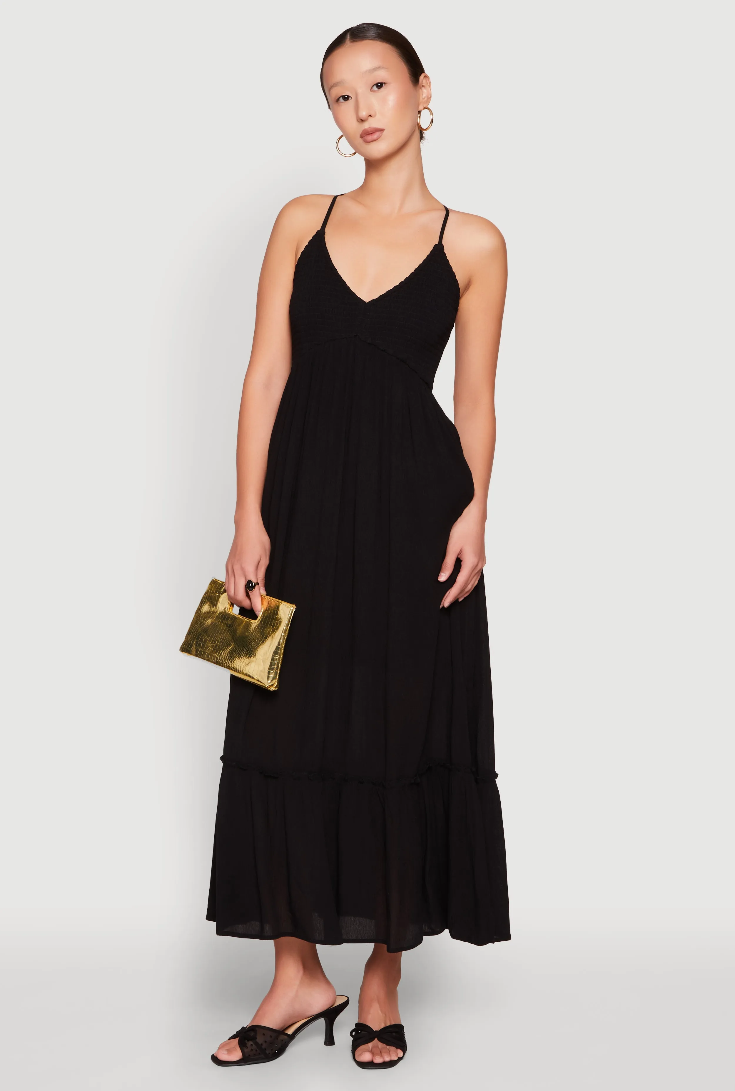 Almost Famous Smocked O Ring Tiered Maxi Dress sold by Rainbow