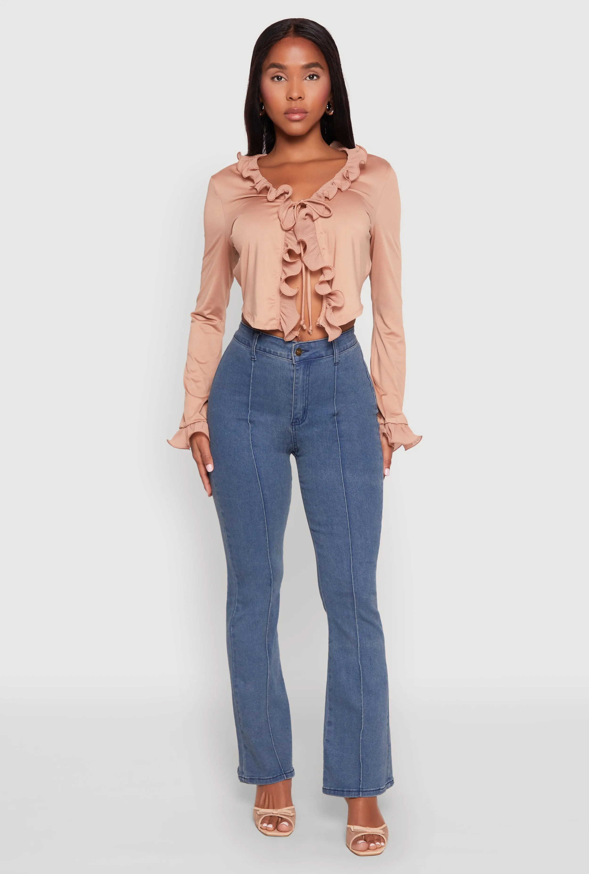 Ruffle Trim Tie Front Crop Top sold by Rainbow