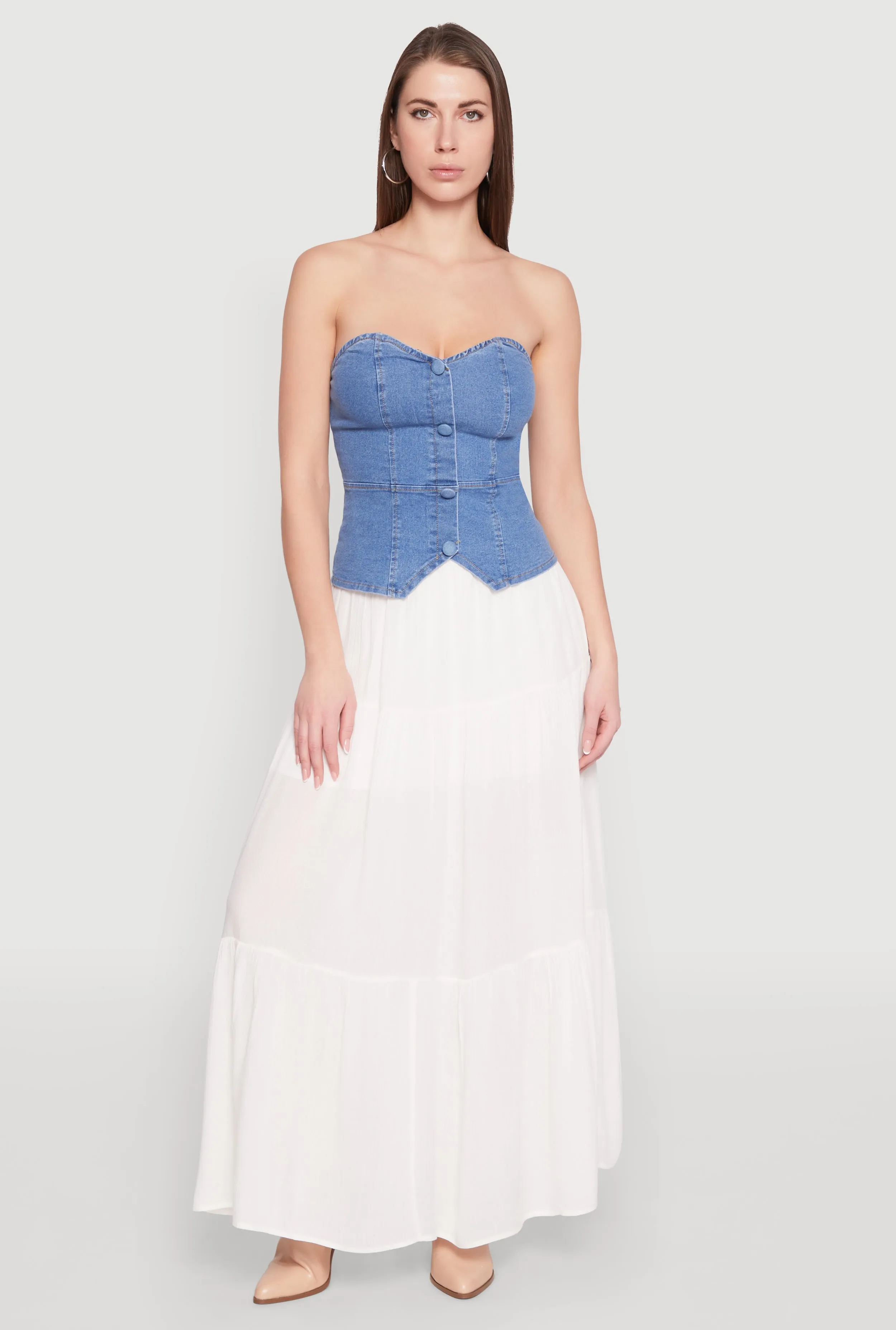 Denim Button Front Tube Top sold by Rainbow