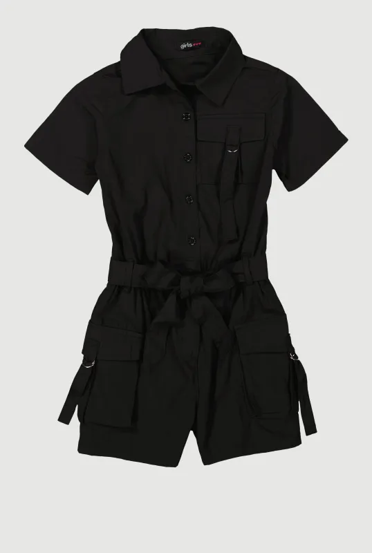 Girls Tie Waist Tabbed Utility Romper sold by Rainbow