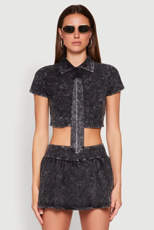 Mineral Wash Crop Top with Necktie sold by Rainbow