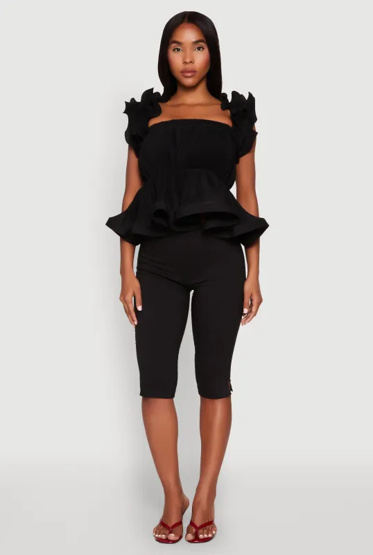 Ruffle Sleeve Plisse Peplum Top sold by Rainbow