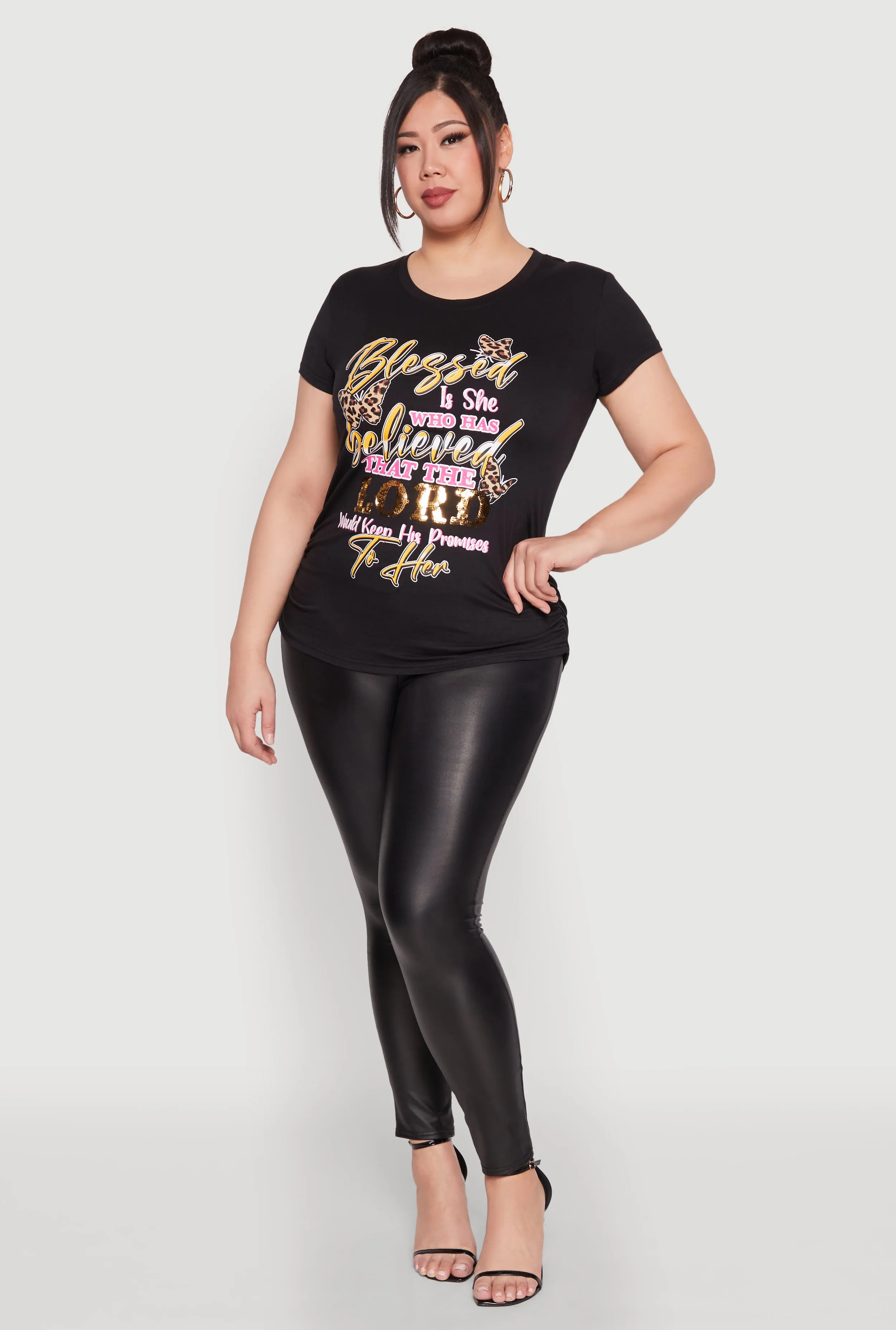 Plus Size Blessed Is She Ruched Graphic Tee sold by Rainbow