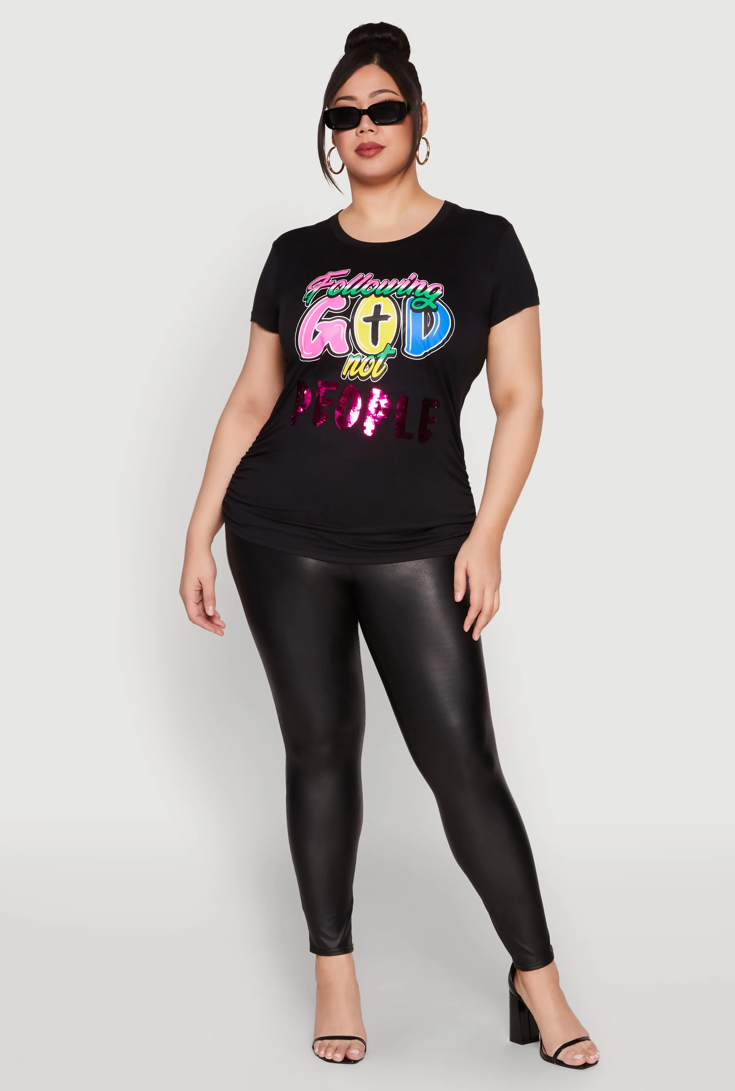 Plus Size Following God Sequin Graphic Tee sold by Rainbow